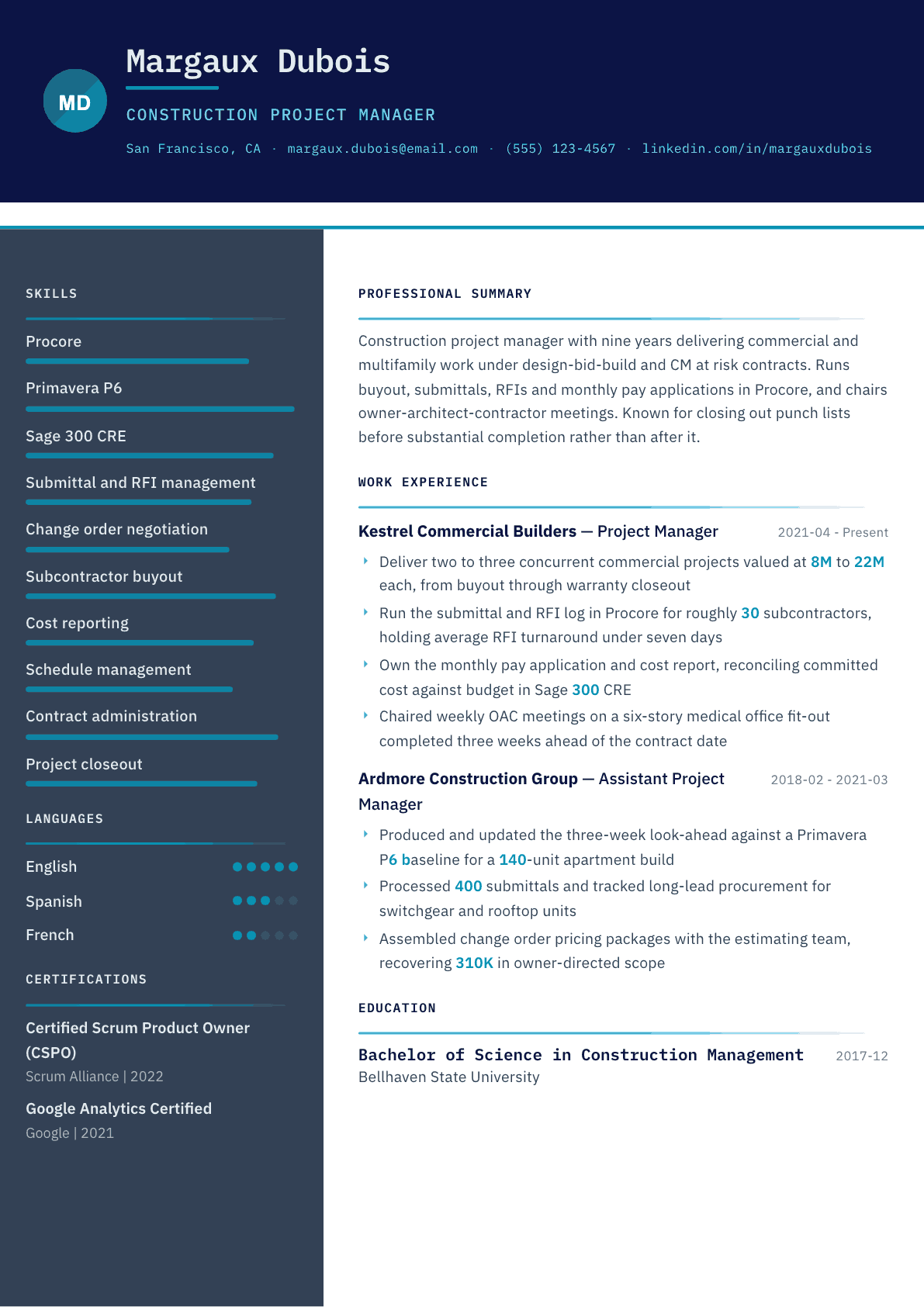 Construction Project Manager resume example, Atlas template