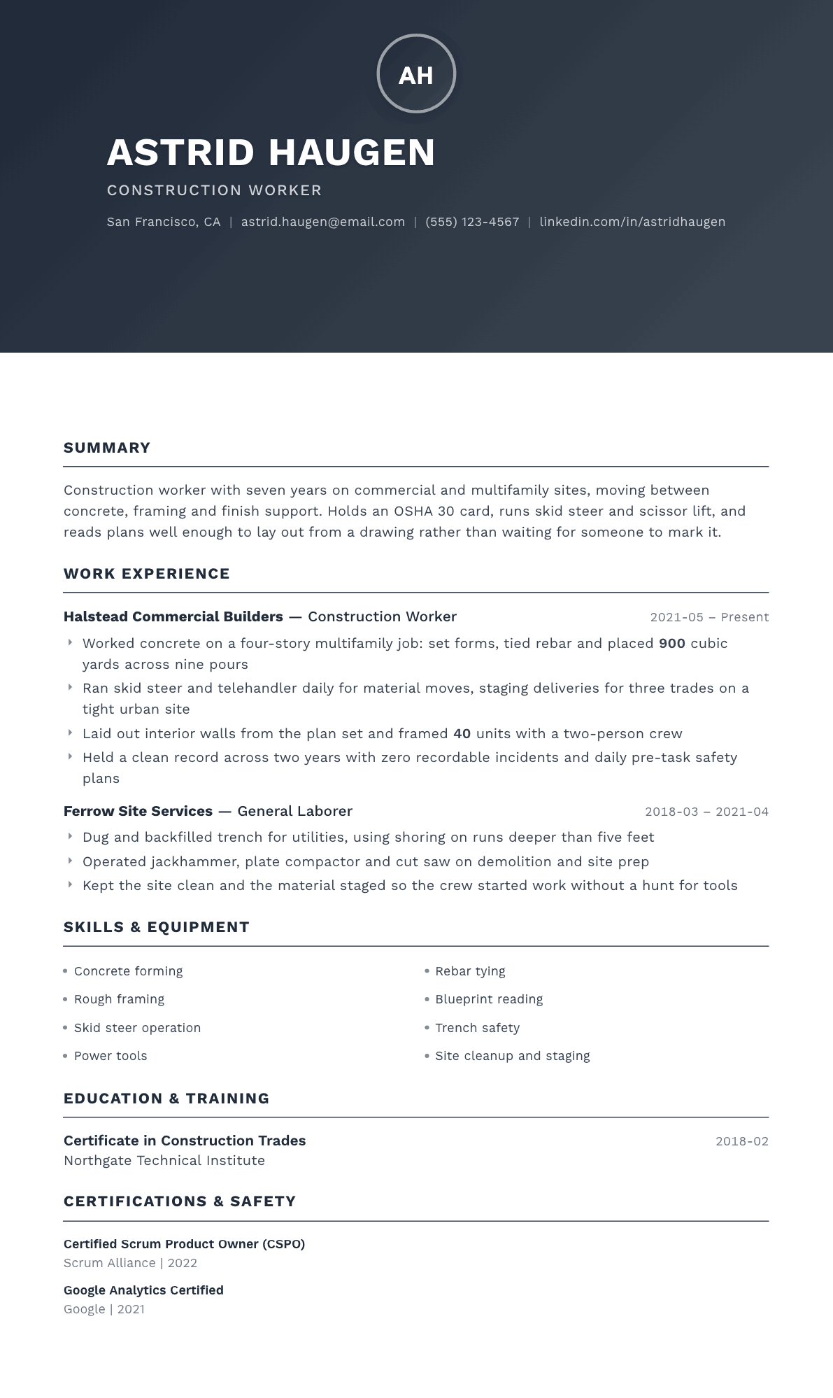 Construction Worker resume example, Foundation template