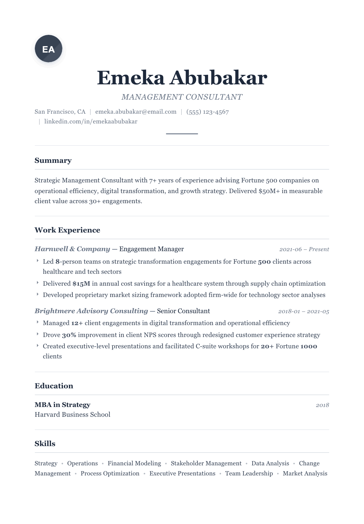 Consultant resume example, Classic template