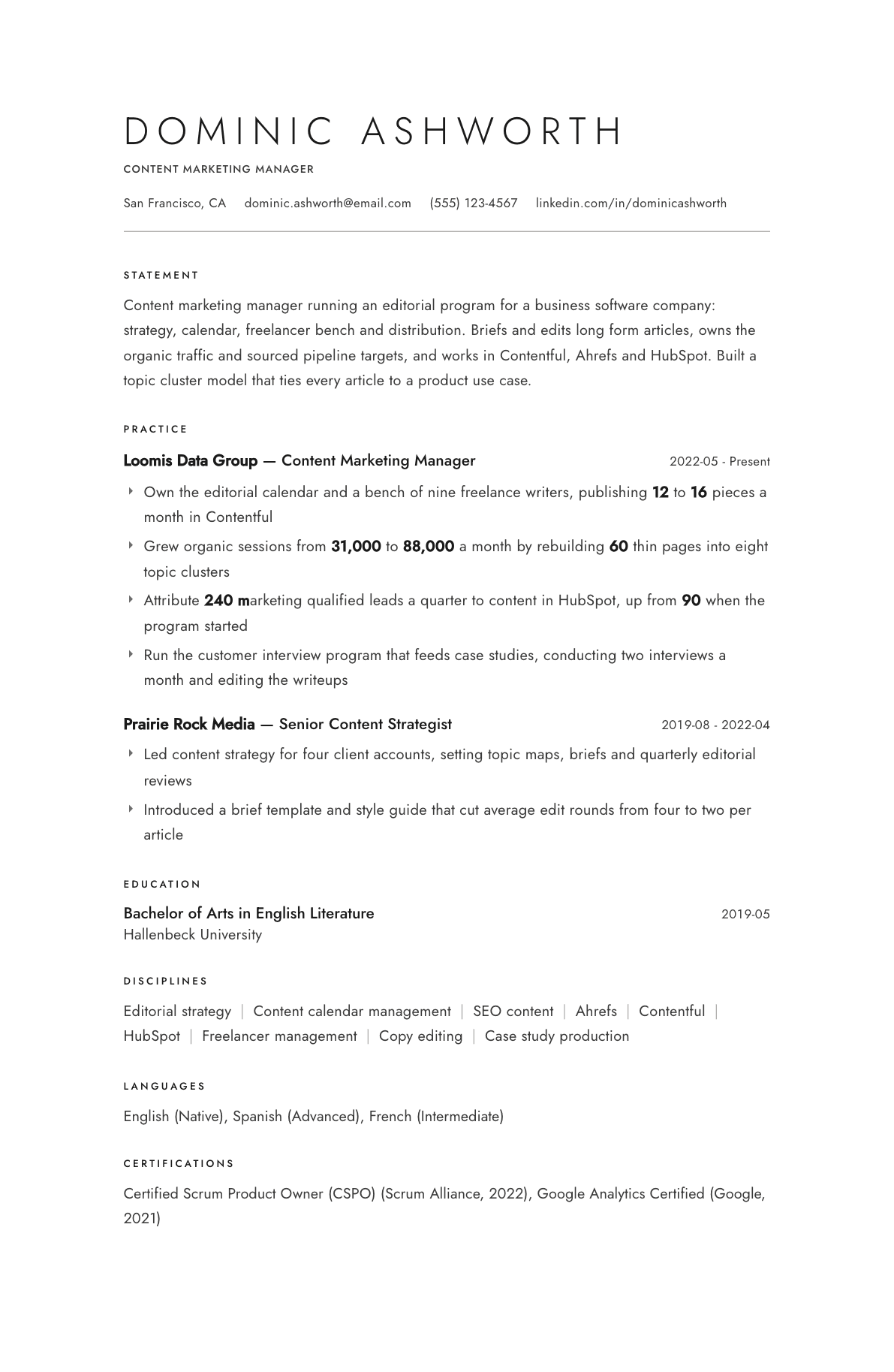 Content Marketing Manager resume example, Atelier template