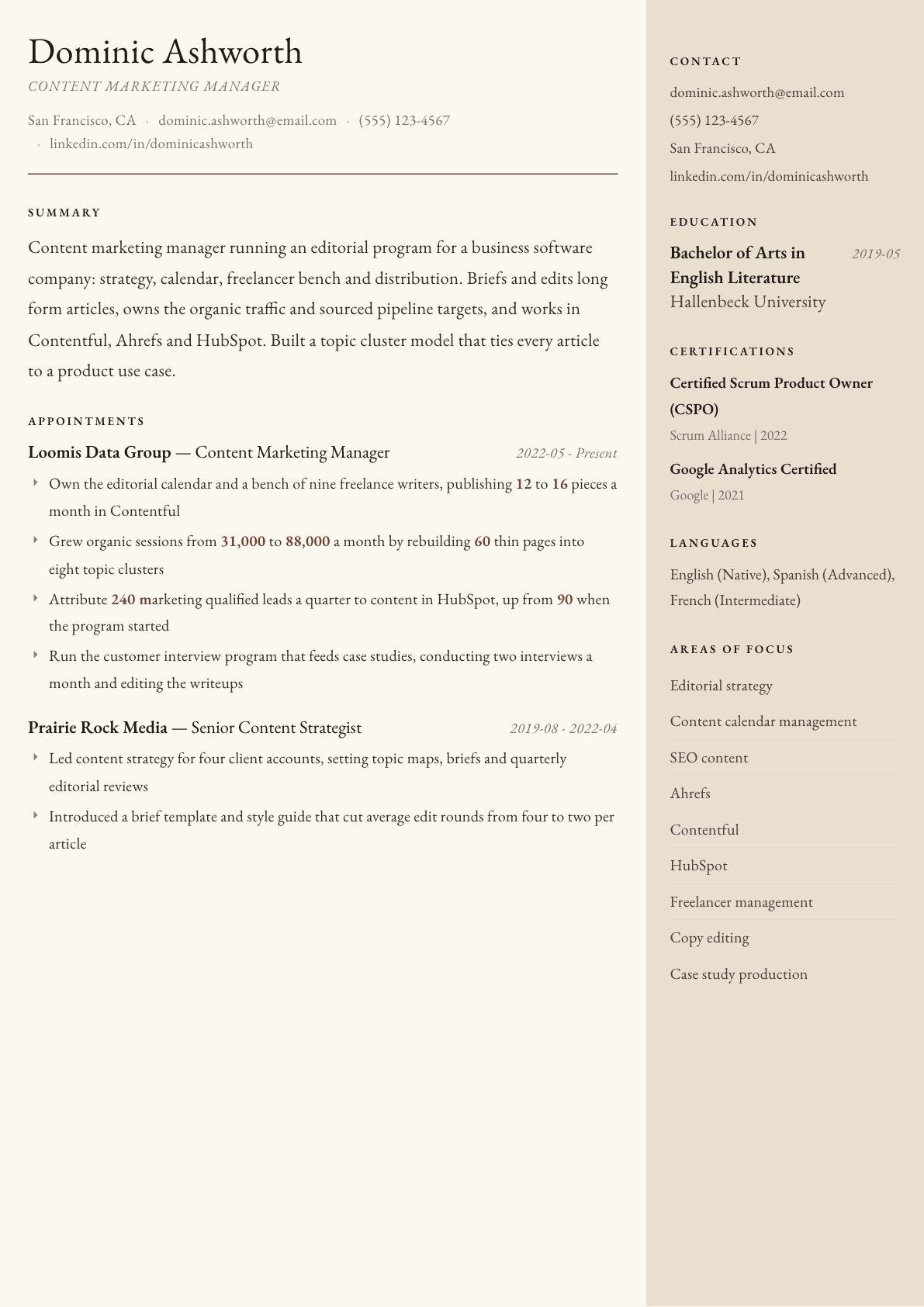 Content Marketing Manager resume example, Manuscript template