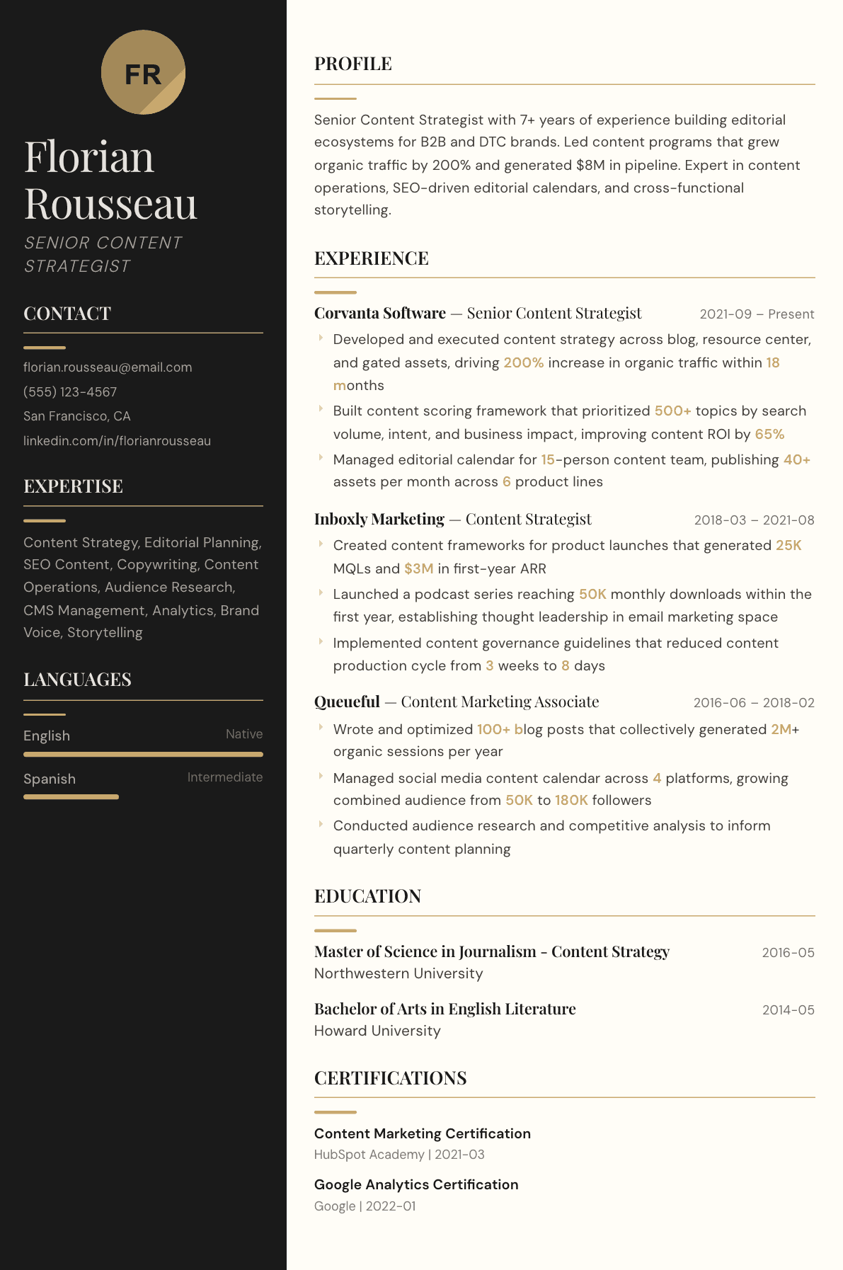 Content Strategist resume example, Obsidian template