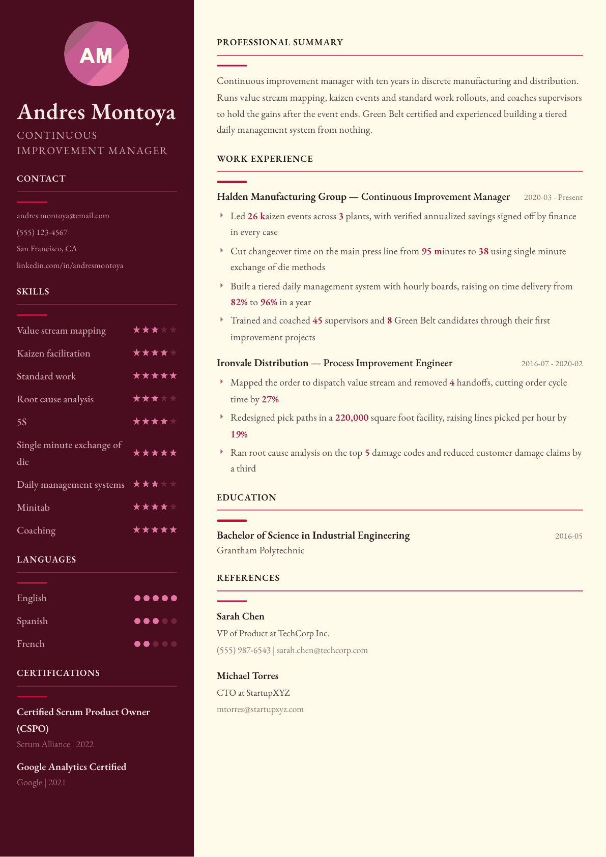 Continuous Improvement Manager resume example, Dubai template