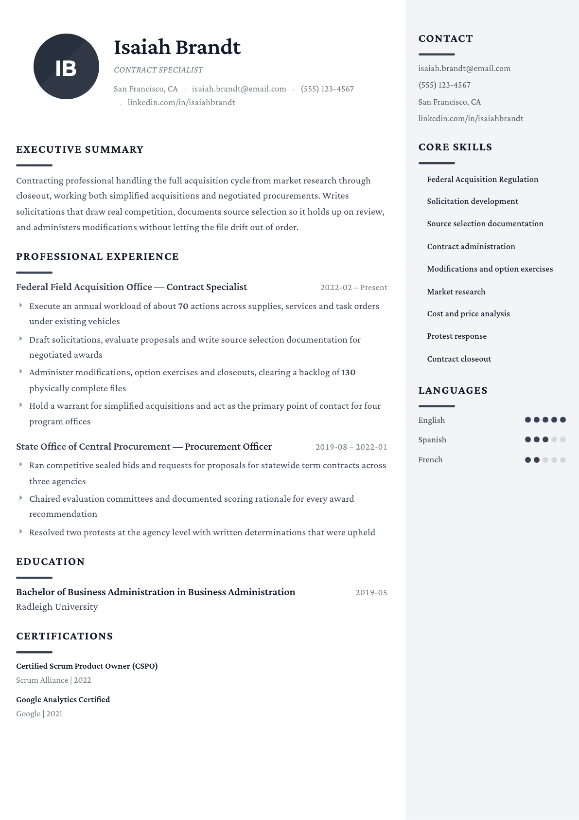 Contract Specialist Government resume example, Monarch template