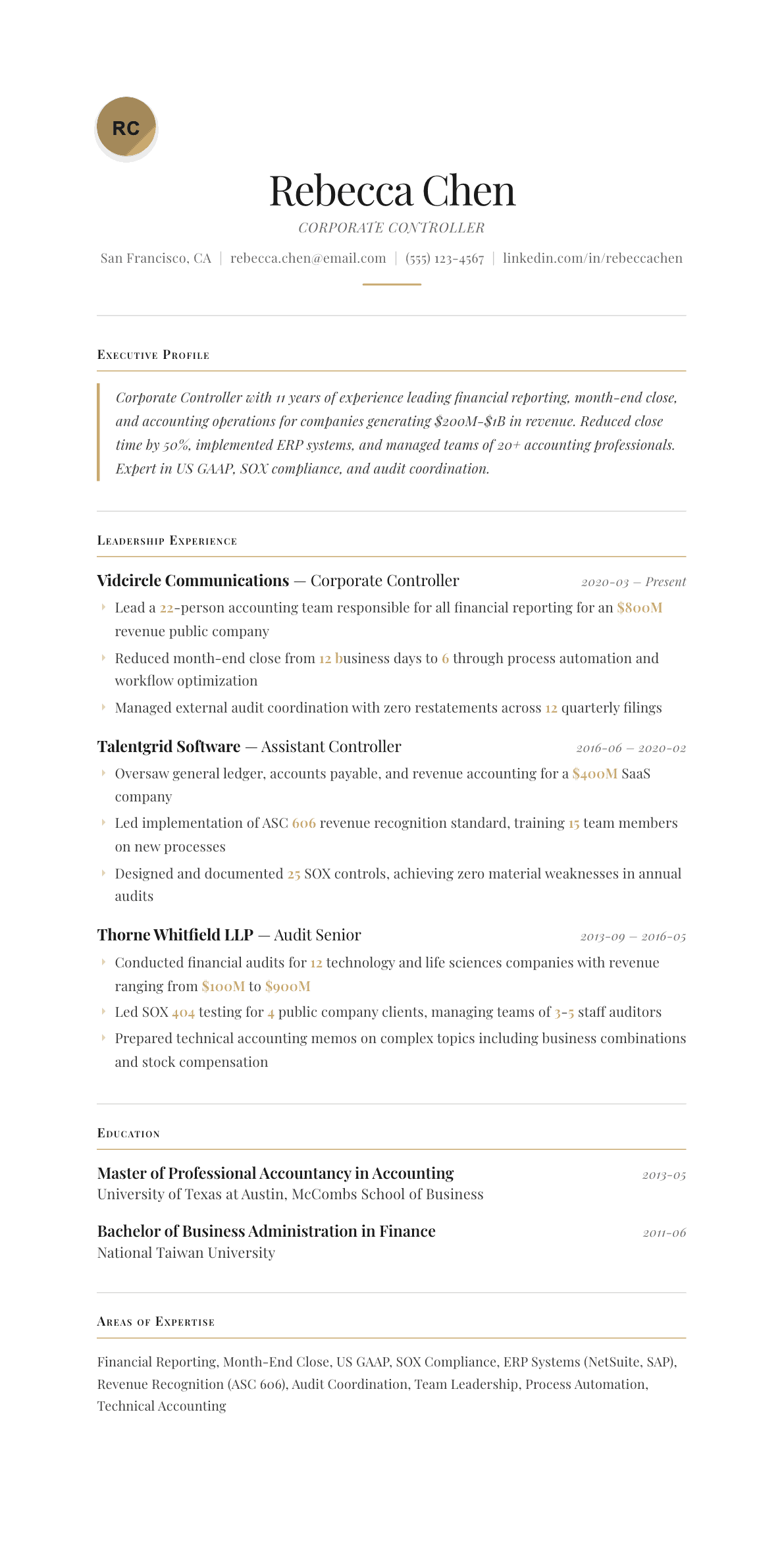 Controller resume example, Chancellor template