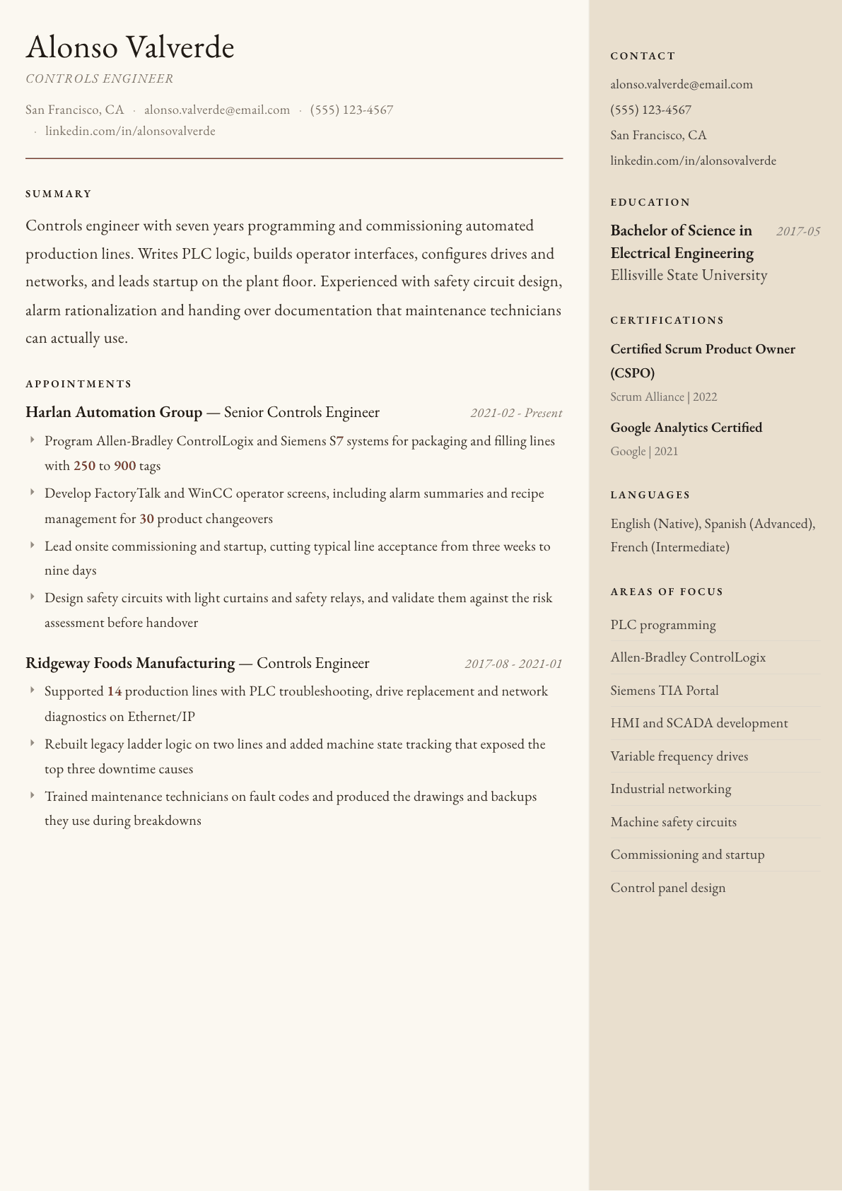 Controls Engineer resume example, Manuscript template