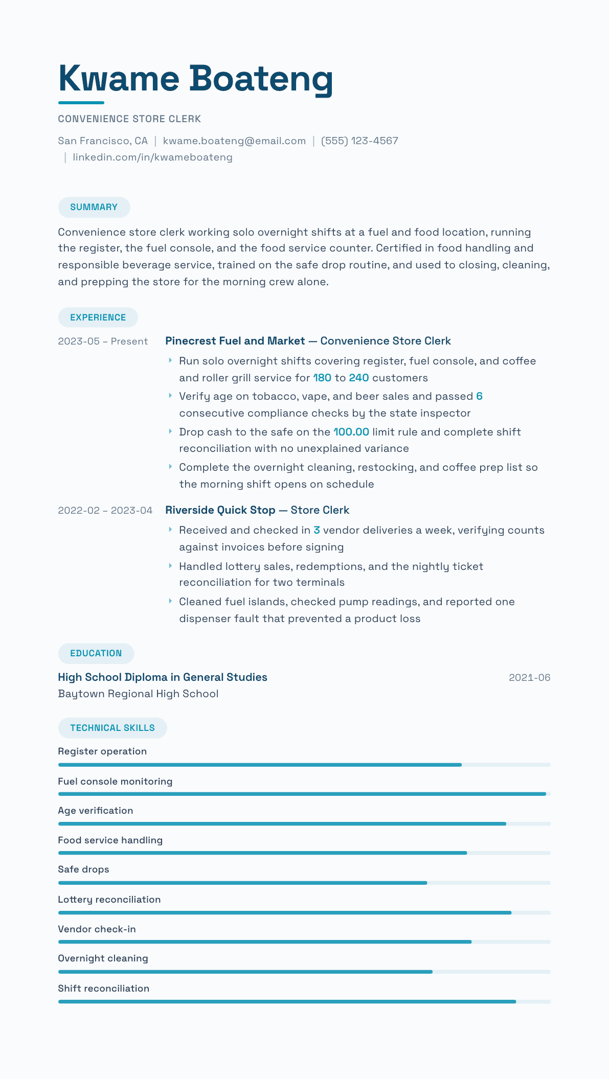 Convenience Store Clerk resume example, Horizon template