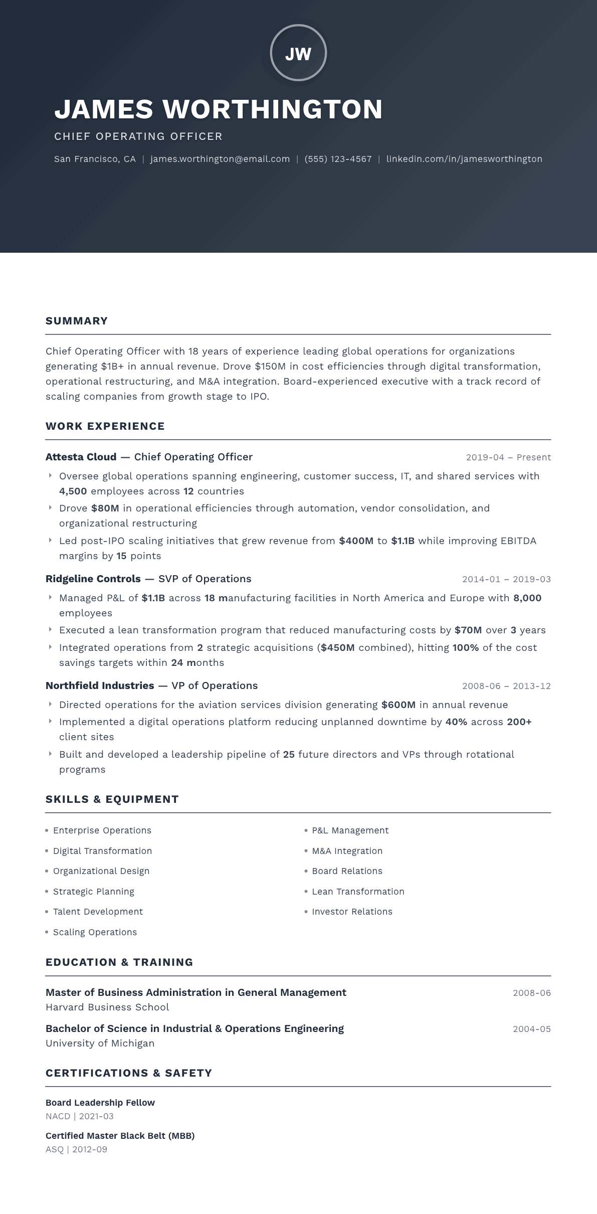 COO resume example, Foundation template