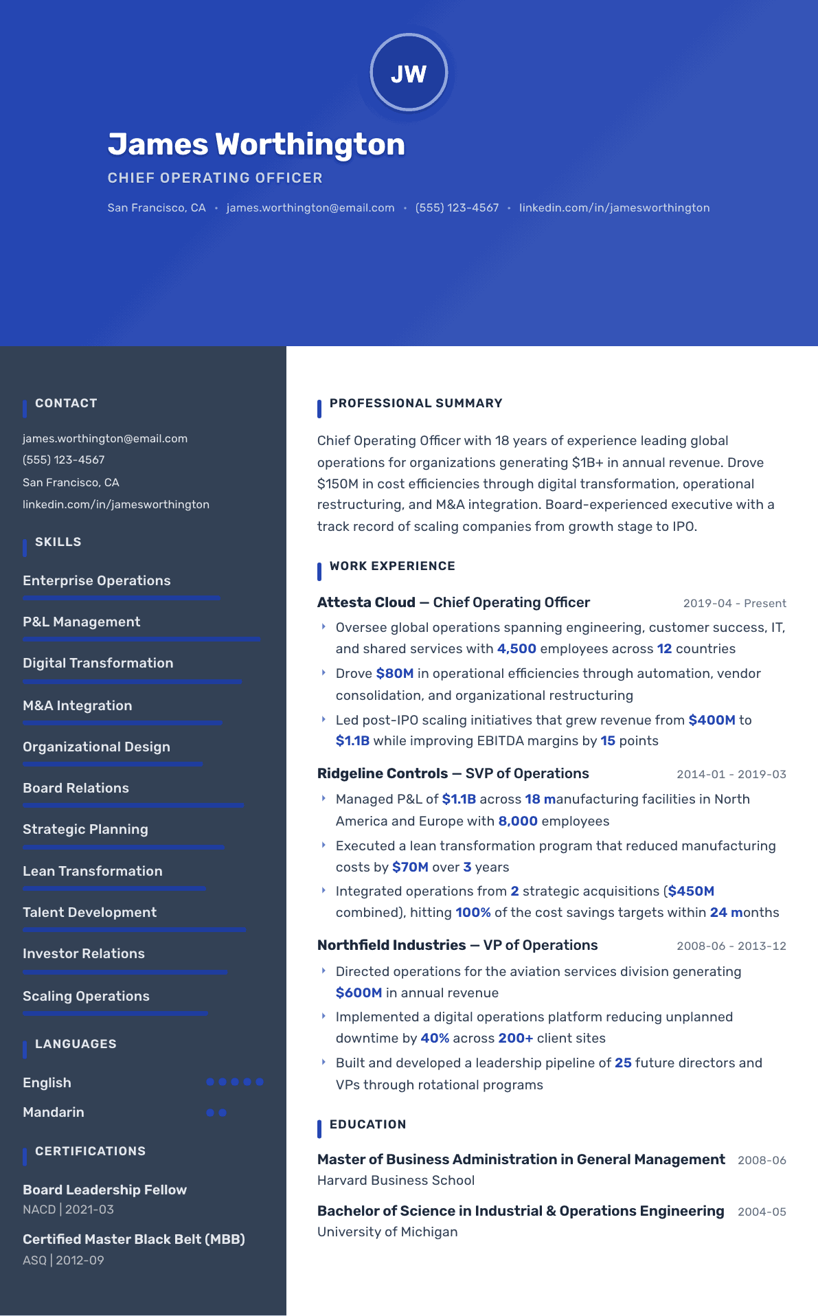 COO resume example, Barcelona template