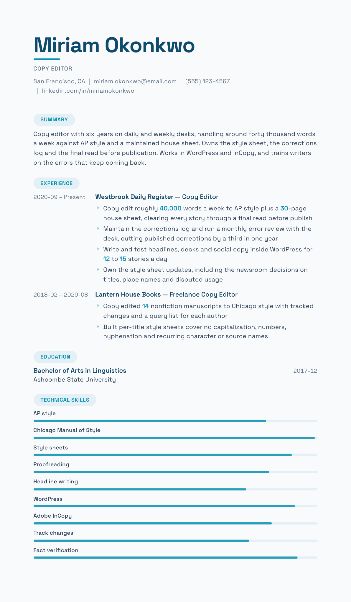 Copy Editor resume example, Horizon template