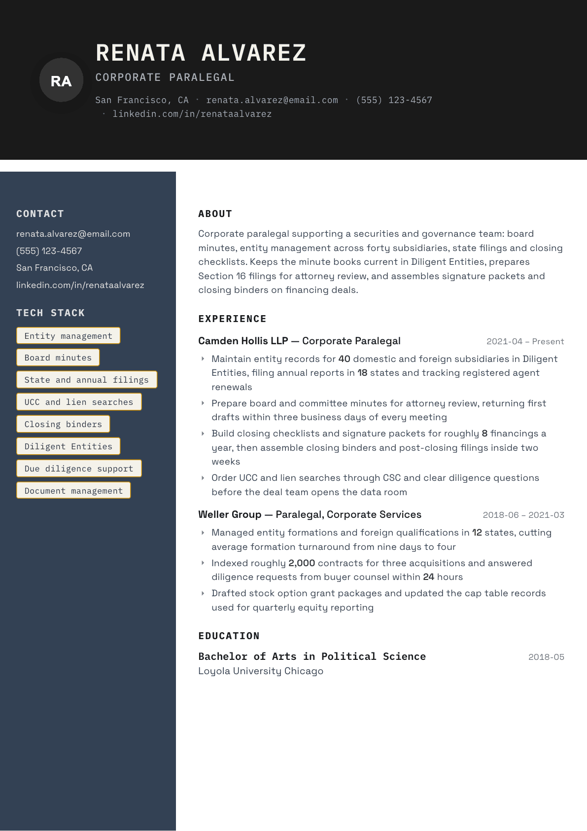 Corporate Paralegal resume example, Codebase template