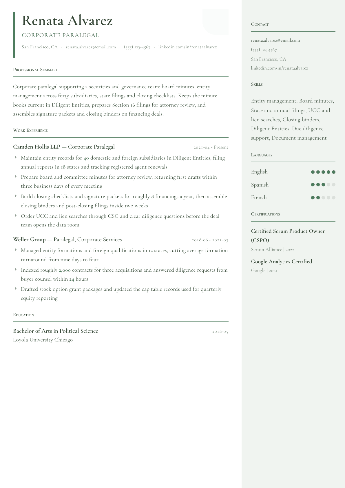 Corporate Paralegal resume example, Copenhagen template