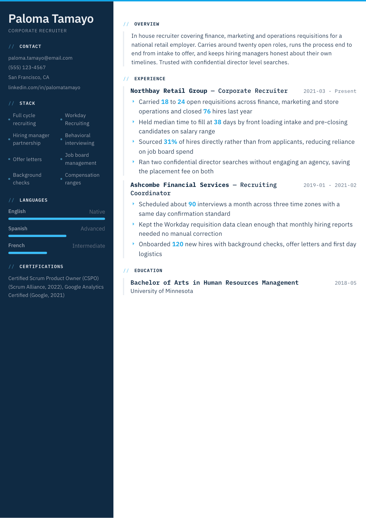 Corporate Recruiter resume example, Datum template
