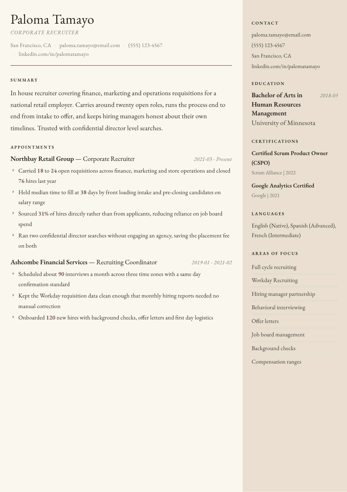 Corporate Recruiter resume example, Manuscript template