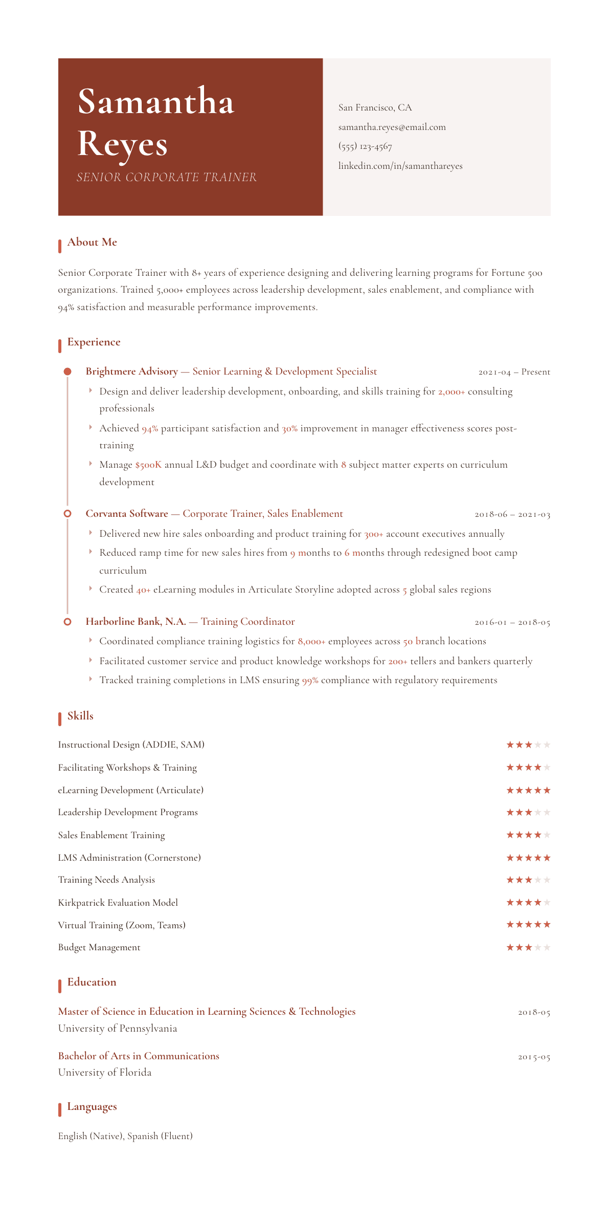 Corporate Trainer resume example, Artisan template