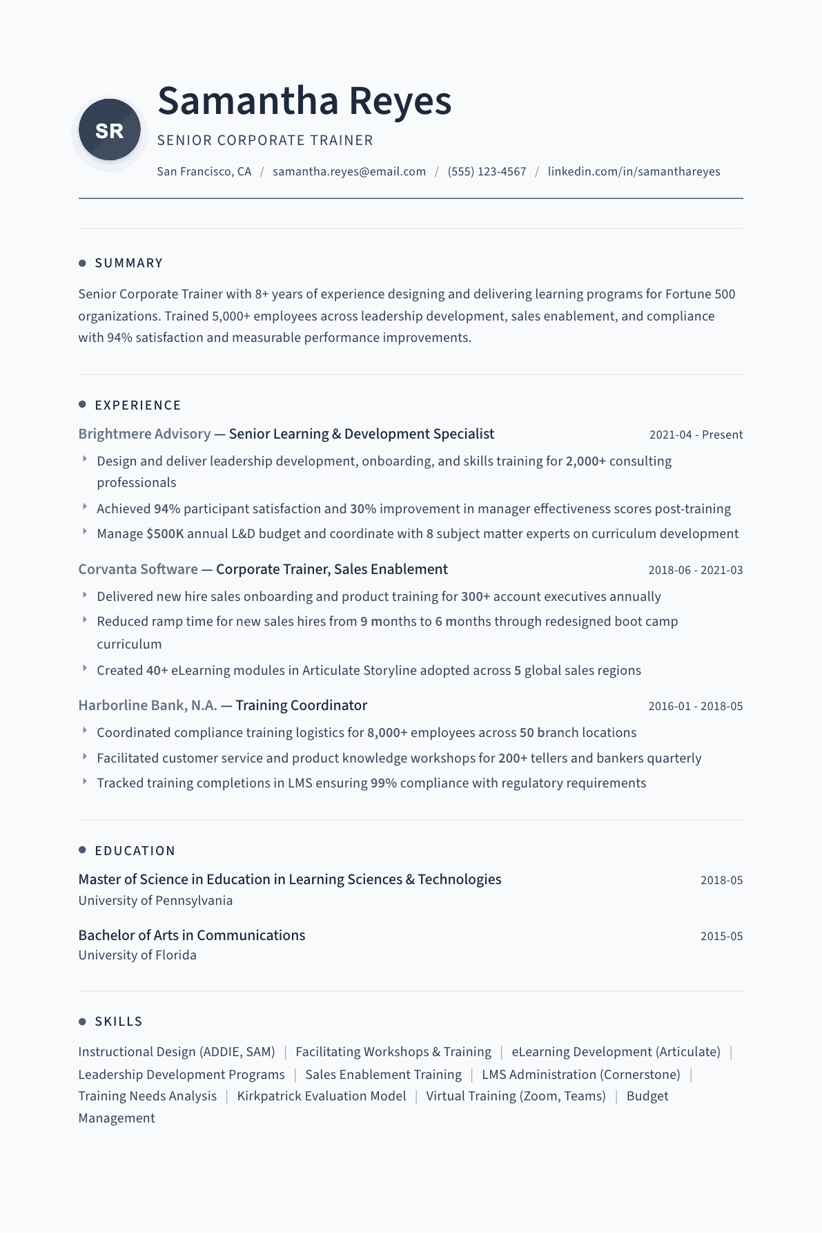 Corporate Trainer resume example, Thread template