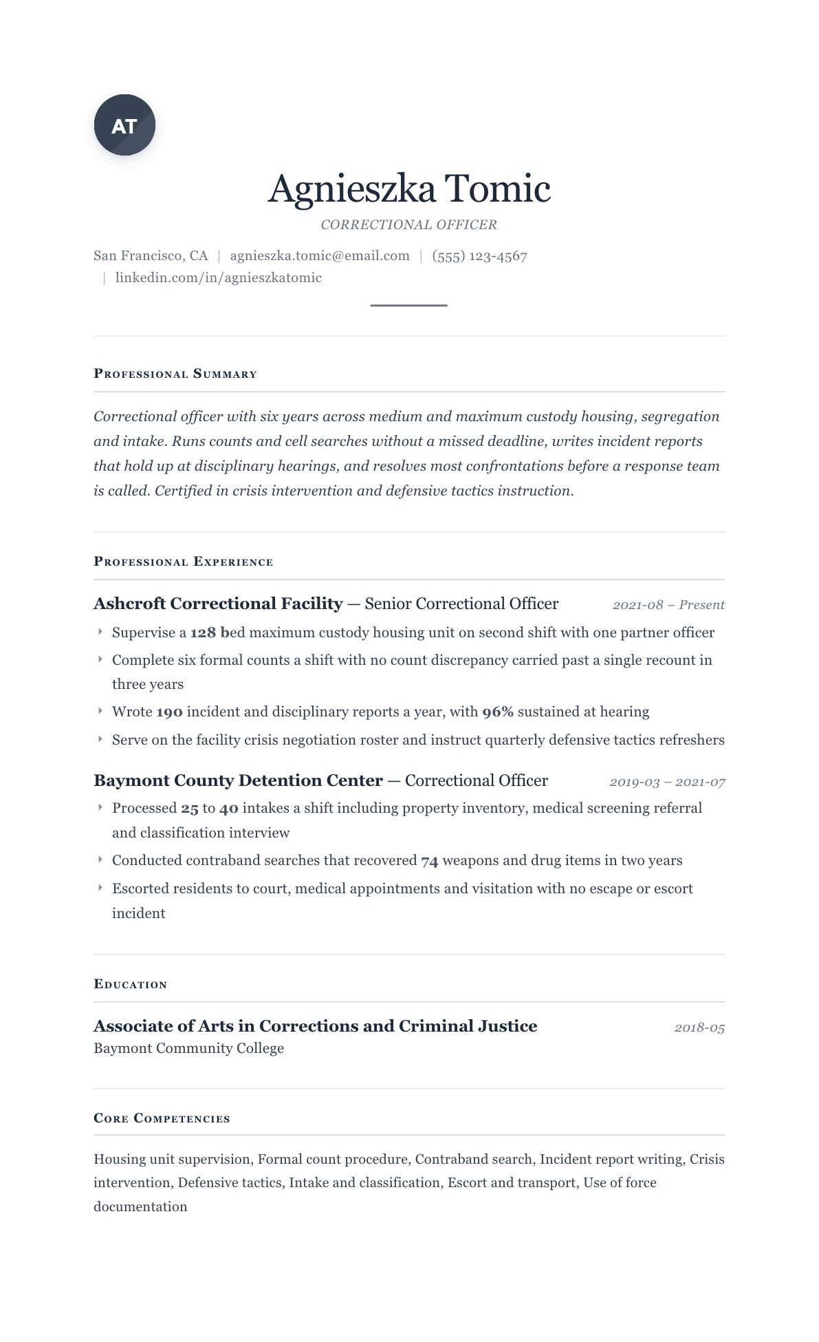 Correctional Officer resume example, Cornerstone template