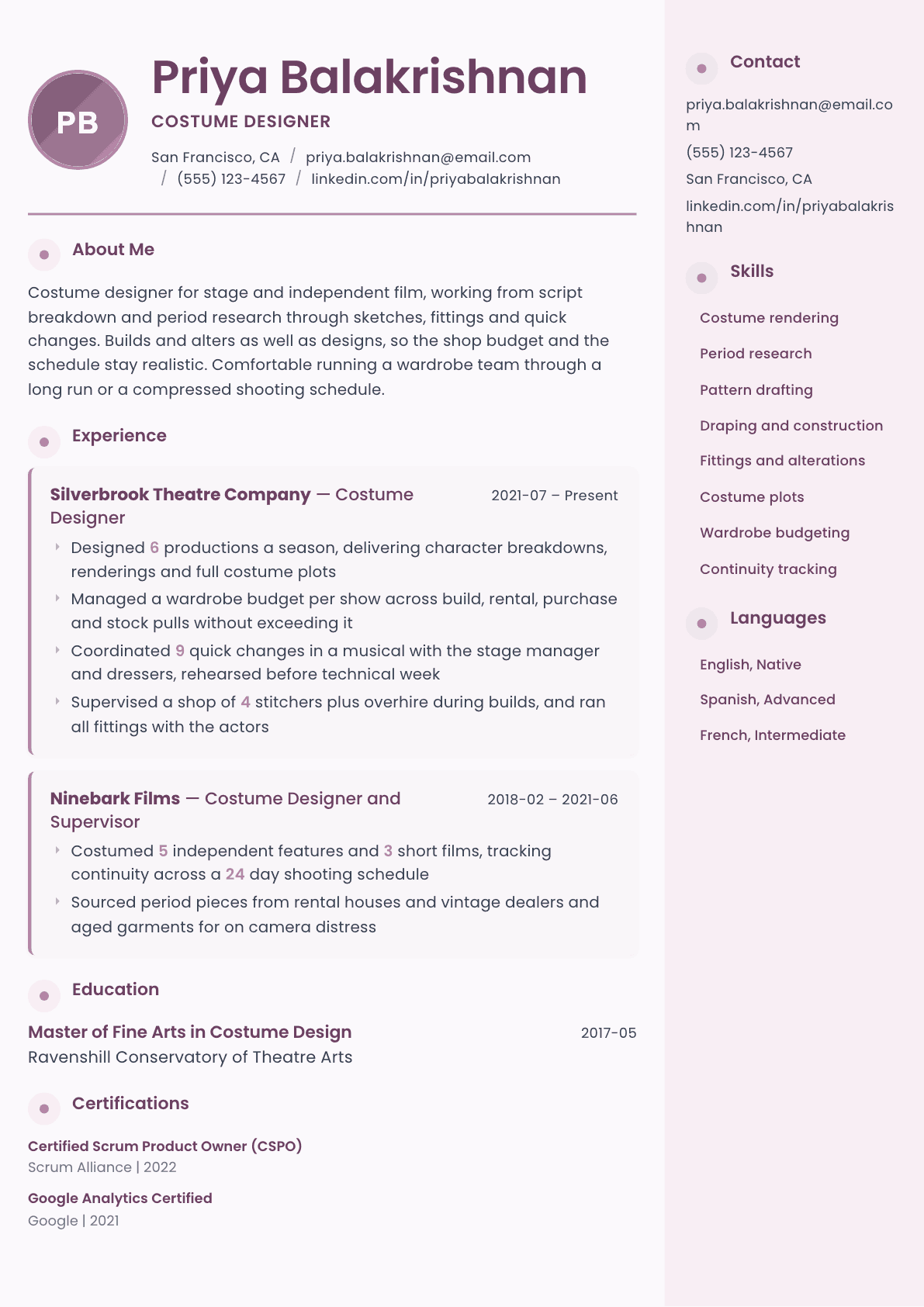 Costume Designer resume example, Bloom template