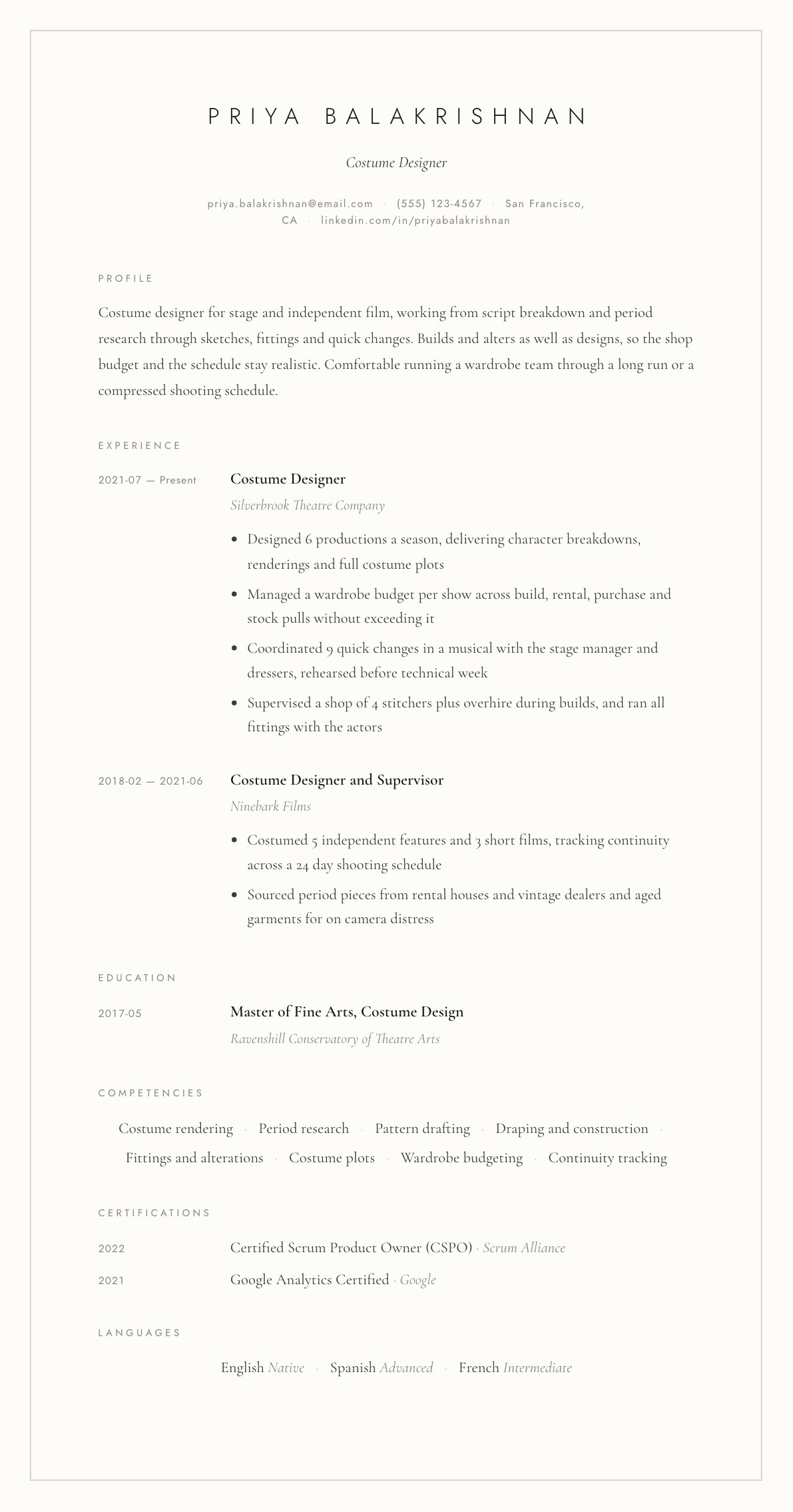 Costume Designer resume example, Vellum template