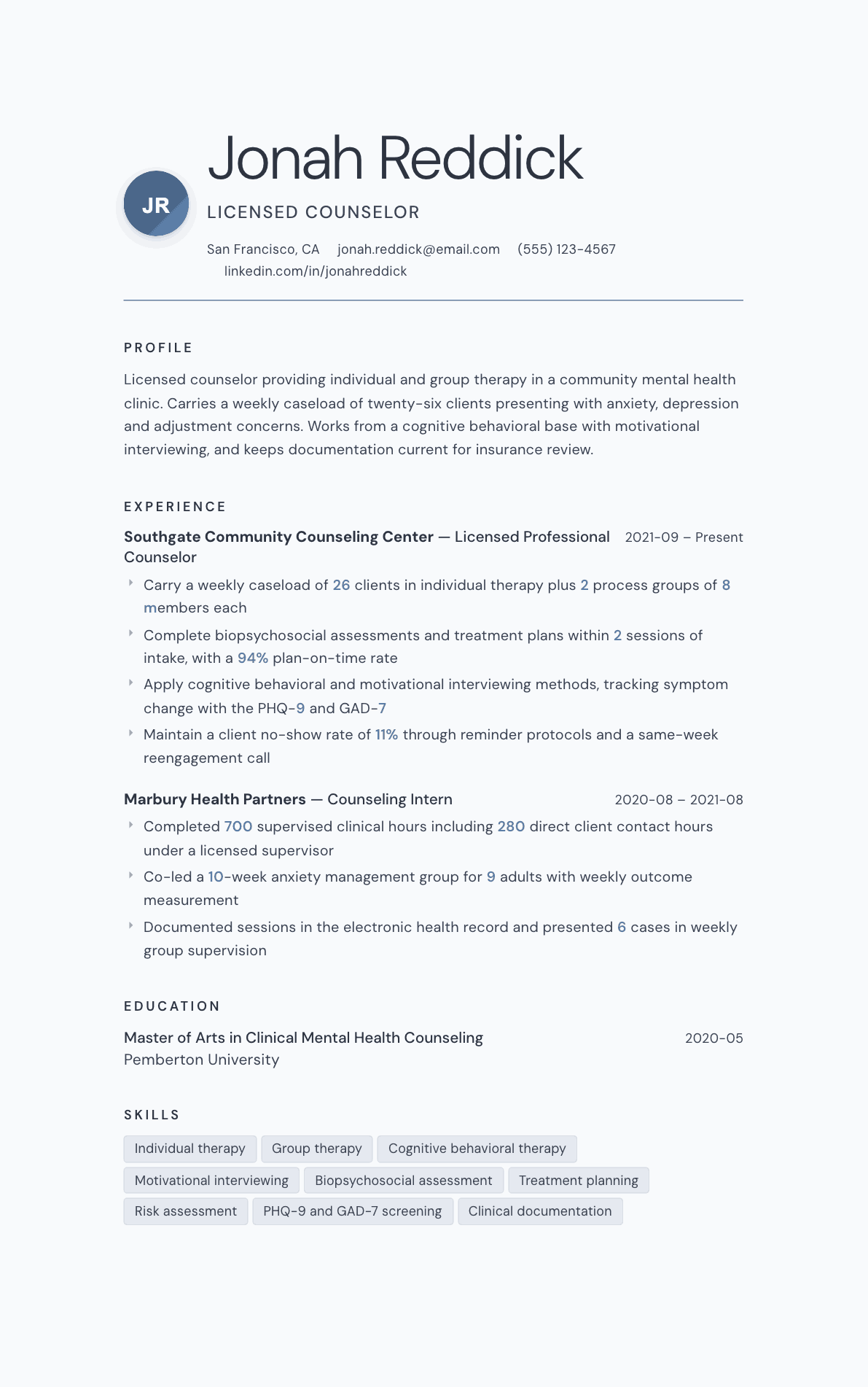 Counselor resume example, Nordic template