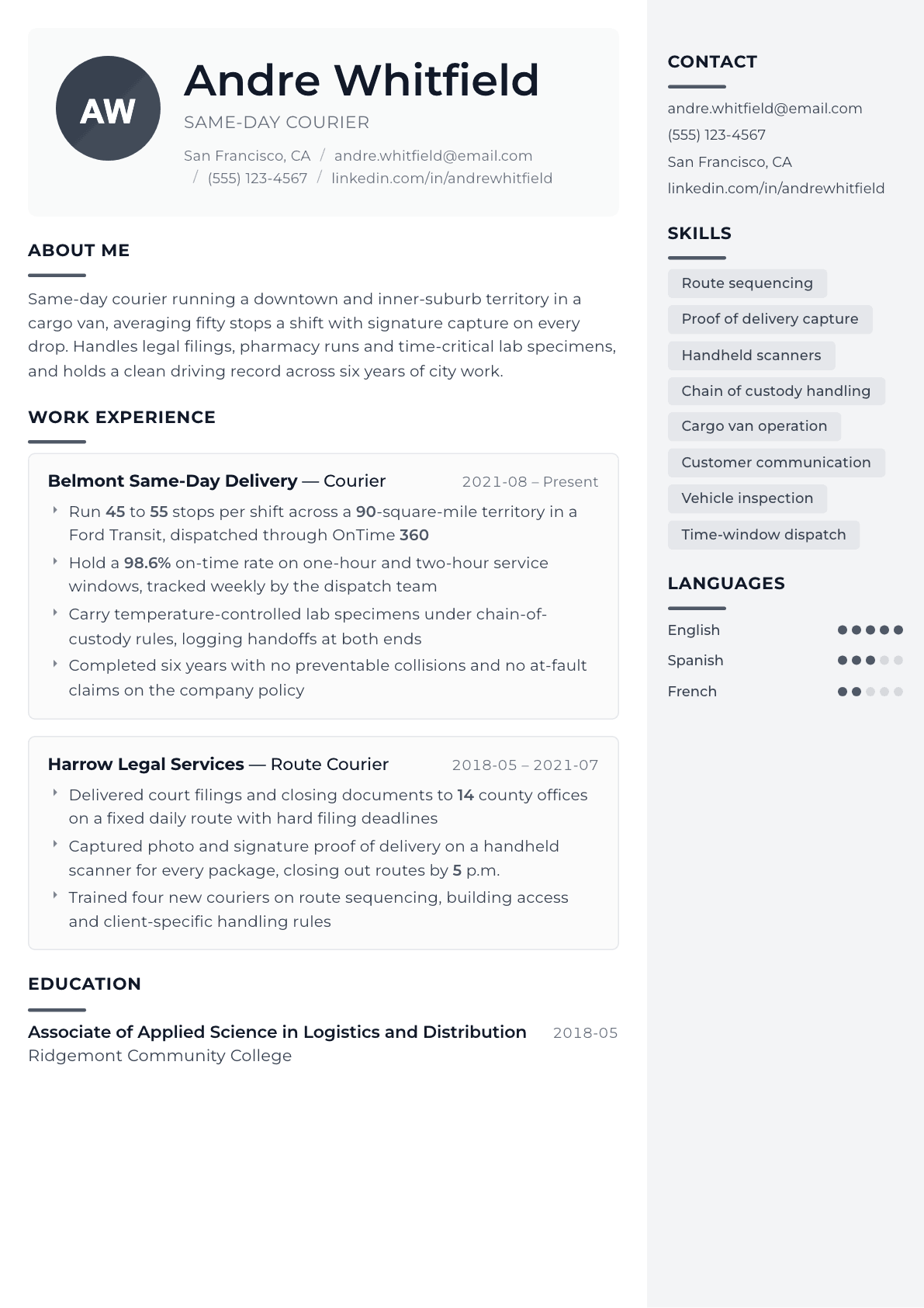 Courier resume example, Metropolitan template