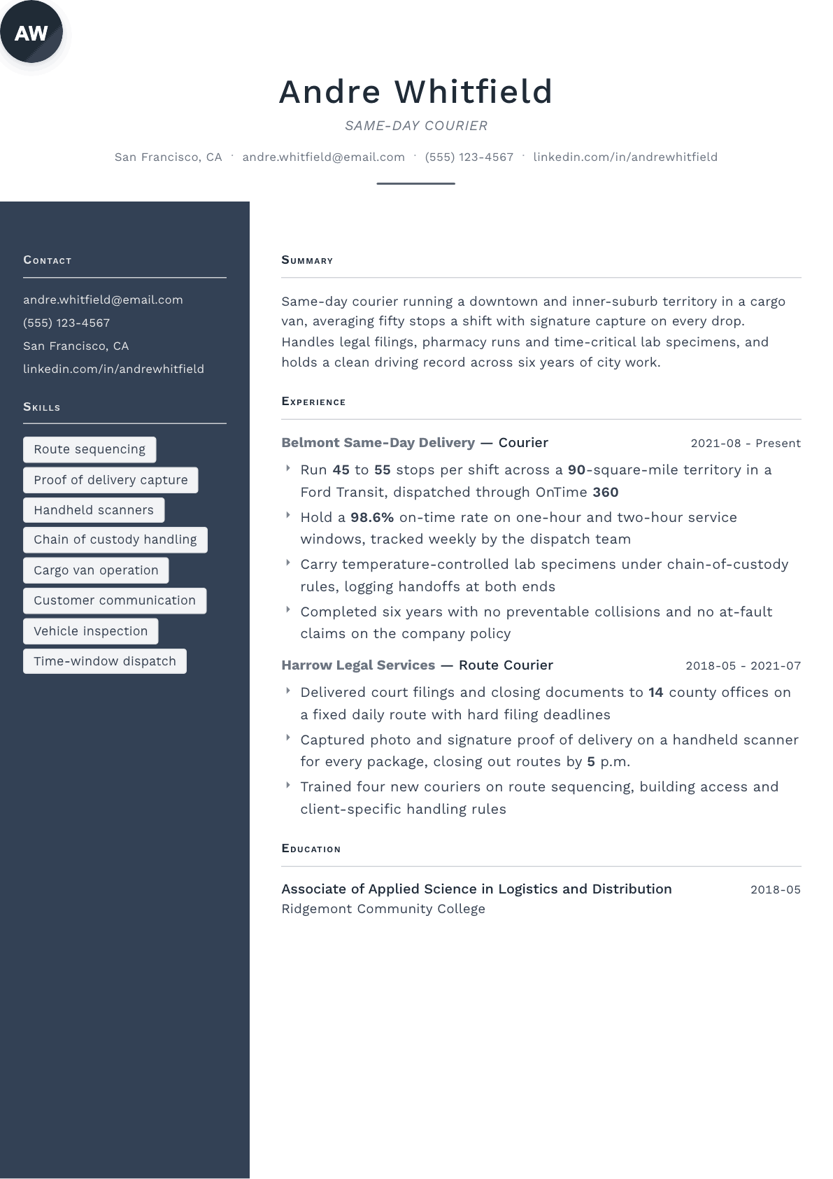 Courier resume example, Fold template