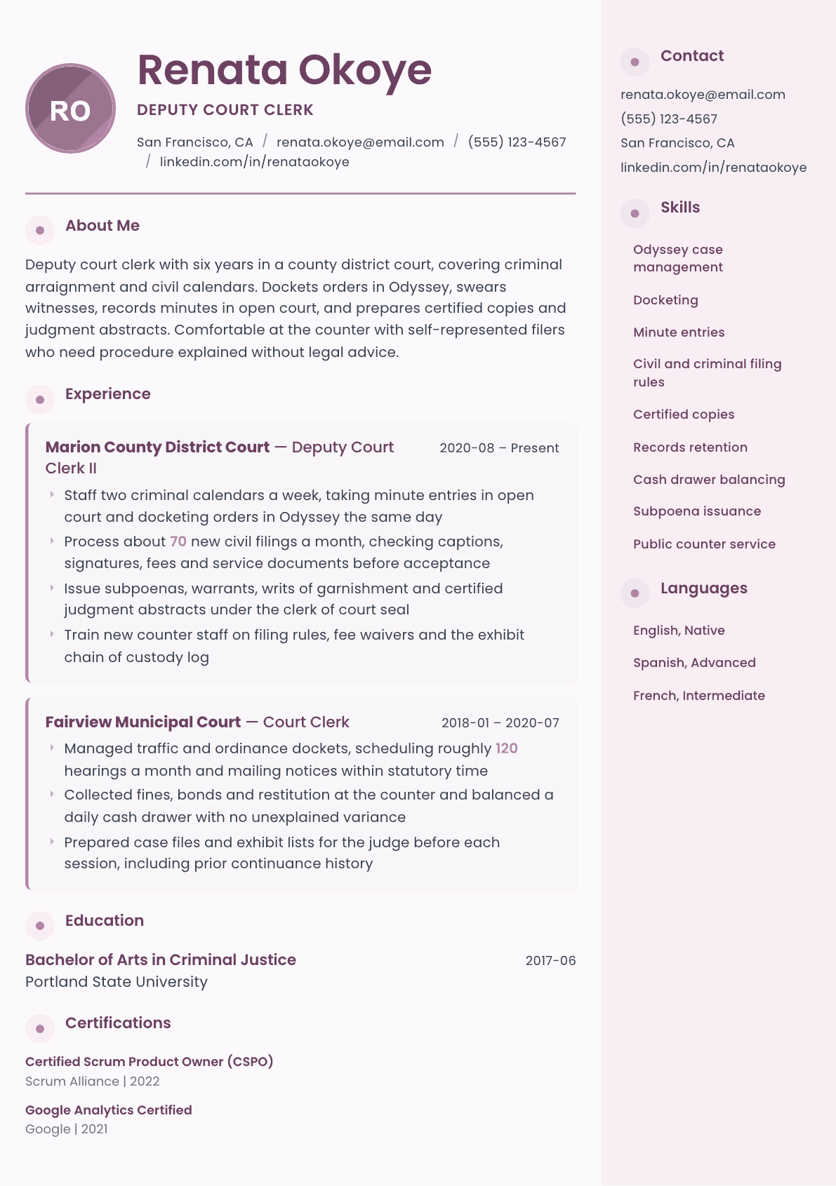 Court Clerk resume example, Bloom template