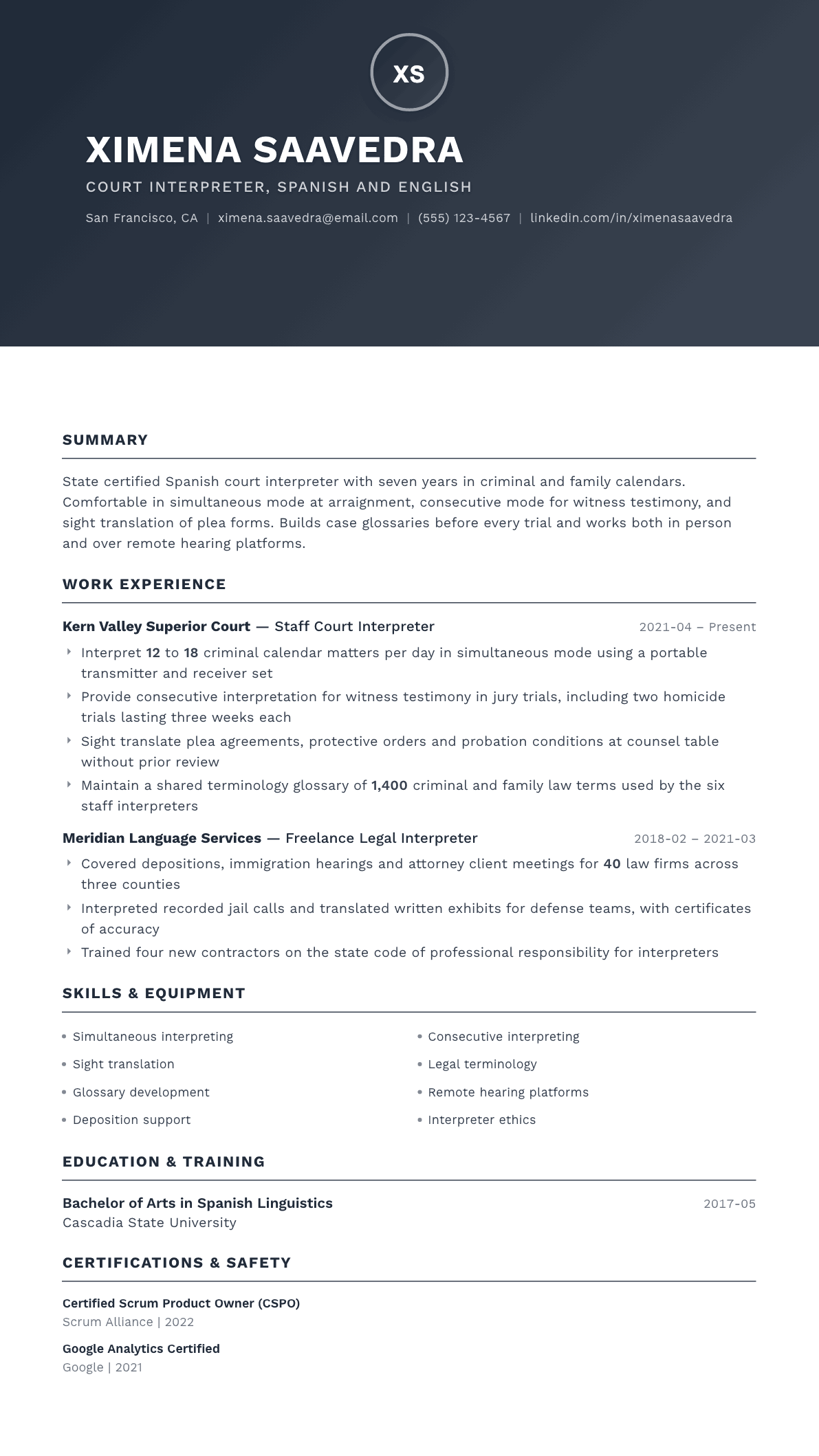 Court Interpreter resume example, Foundation template