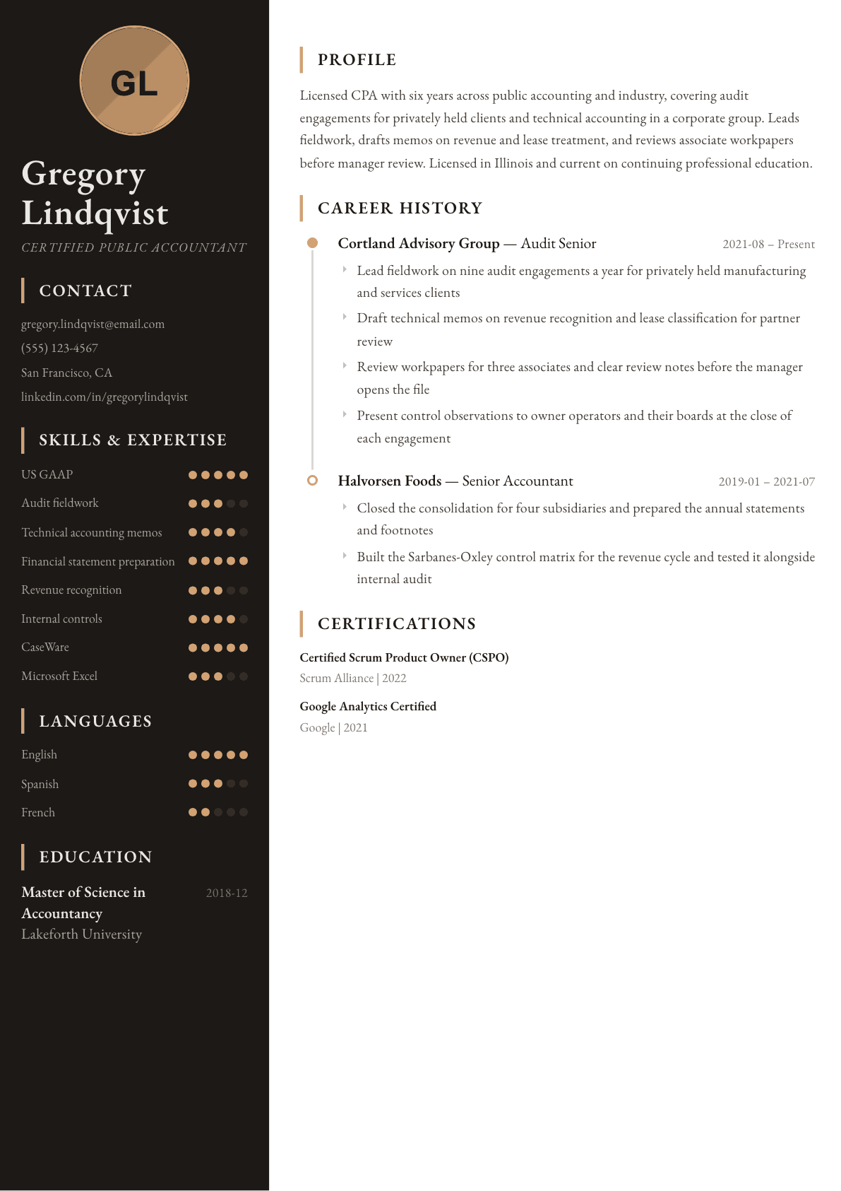 CPA resume example, Heritage template