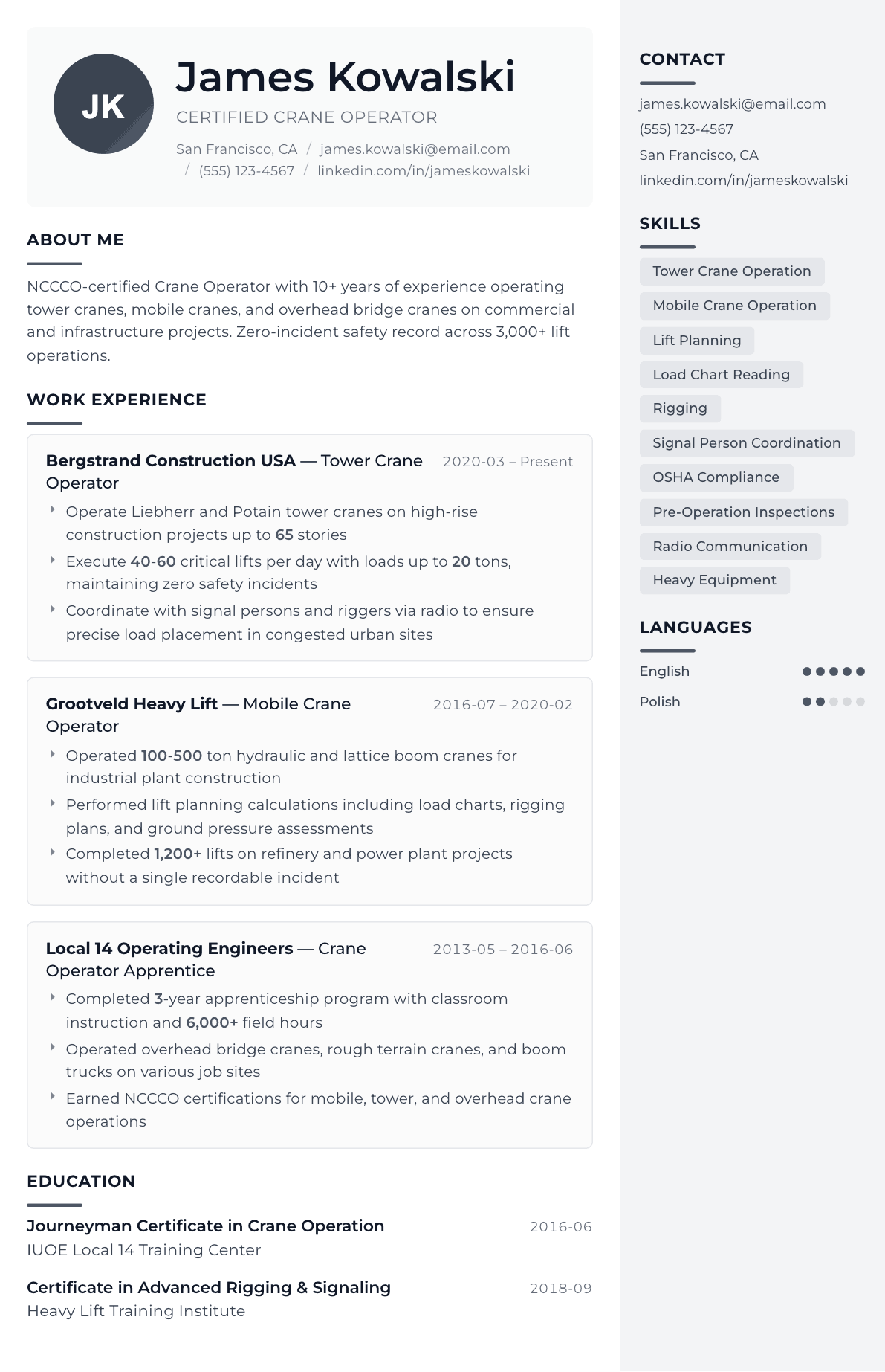 Crane Operator resume example, Metropolitan template