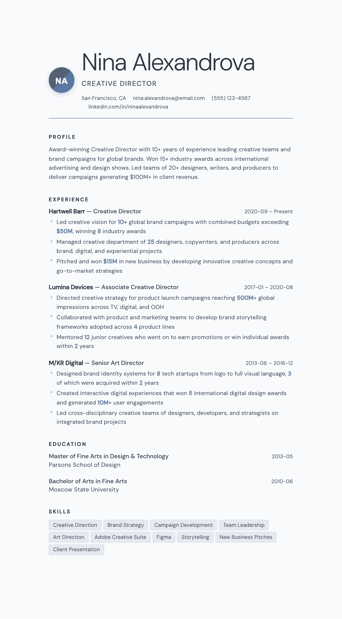 Creative Director resume example, Nordic template