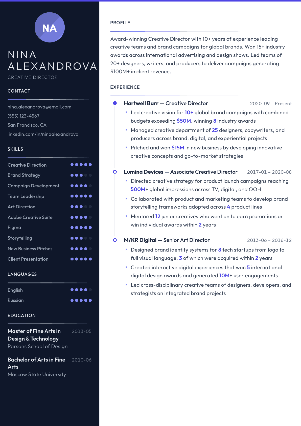 Creative Director resume example, Zenith template