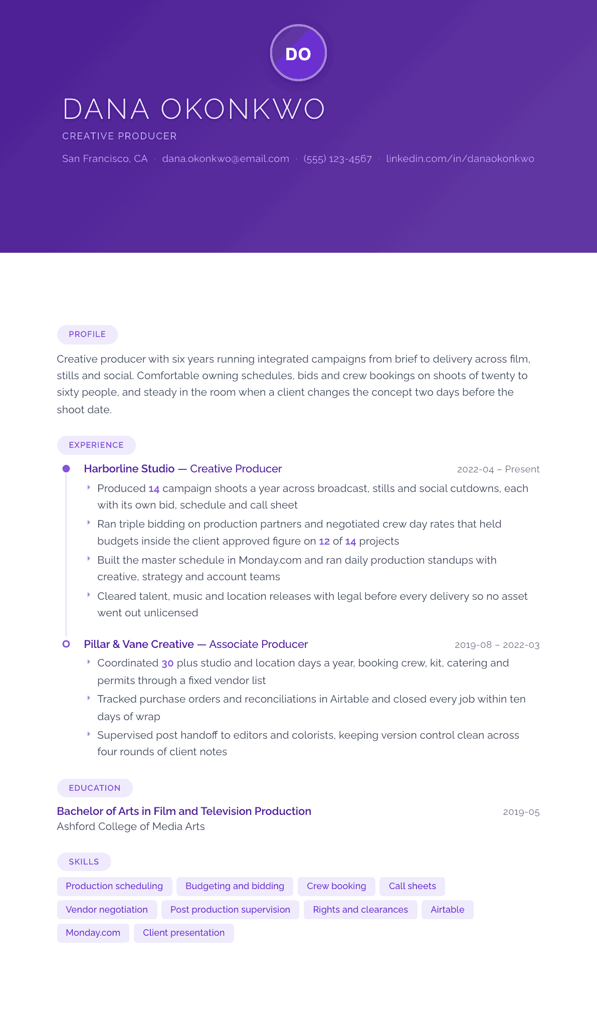Creative Producer resume example, Canvas template