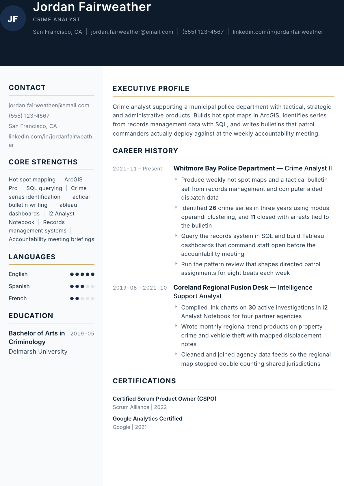 Crime Analyst resume example, Consulate template