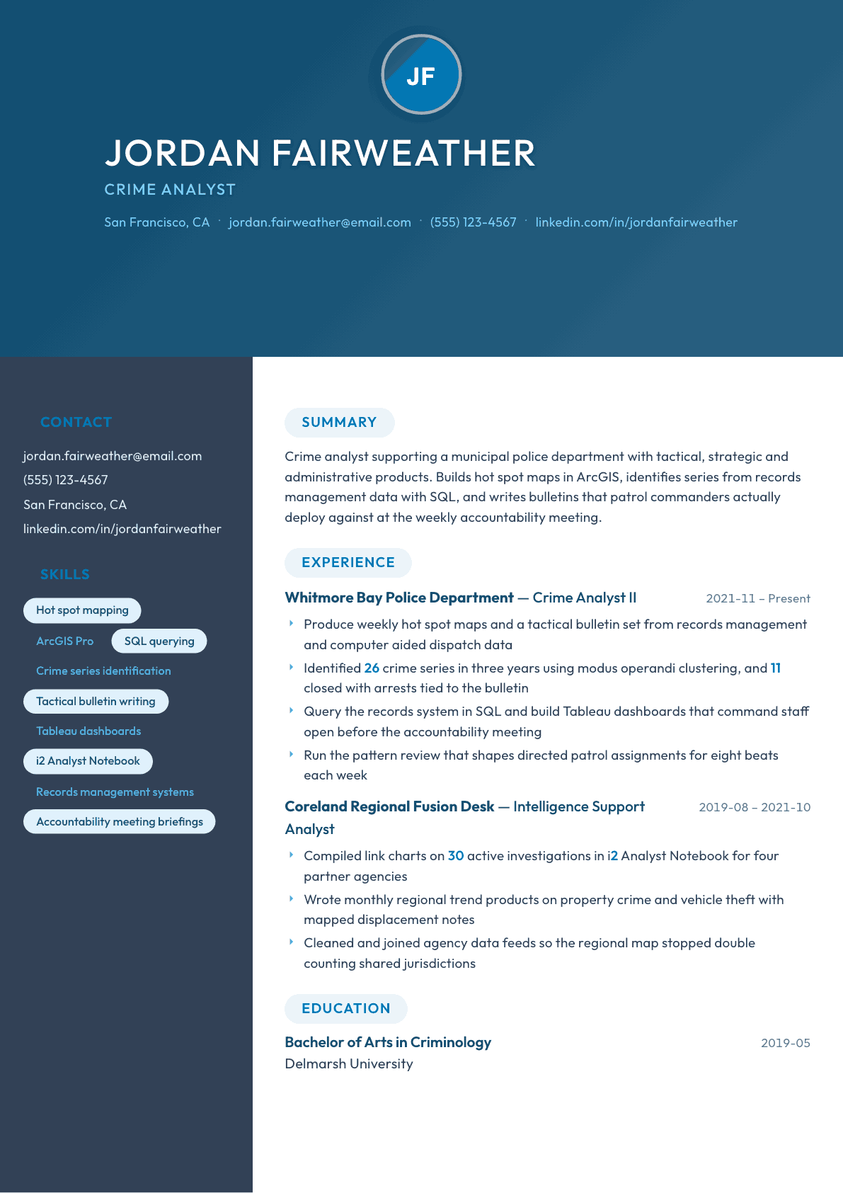 Crime Analyst resume example, Nexus template