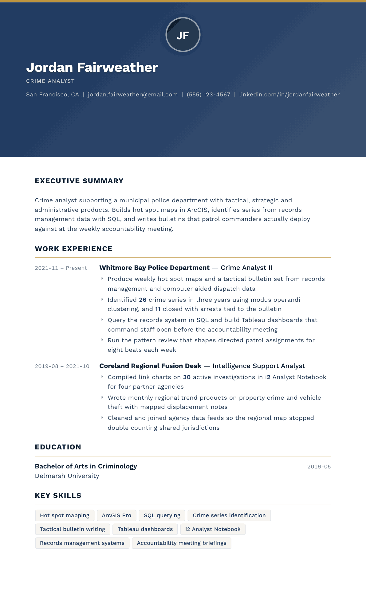 Crime Analyst resume example, Sovereign template