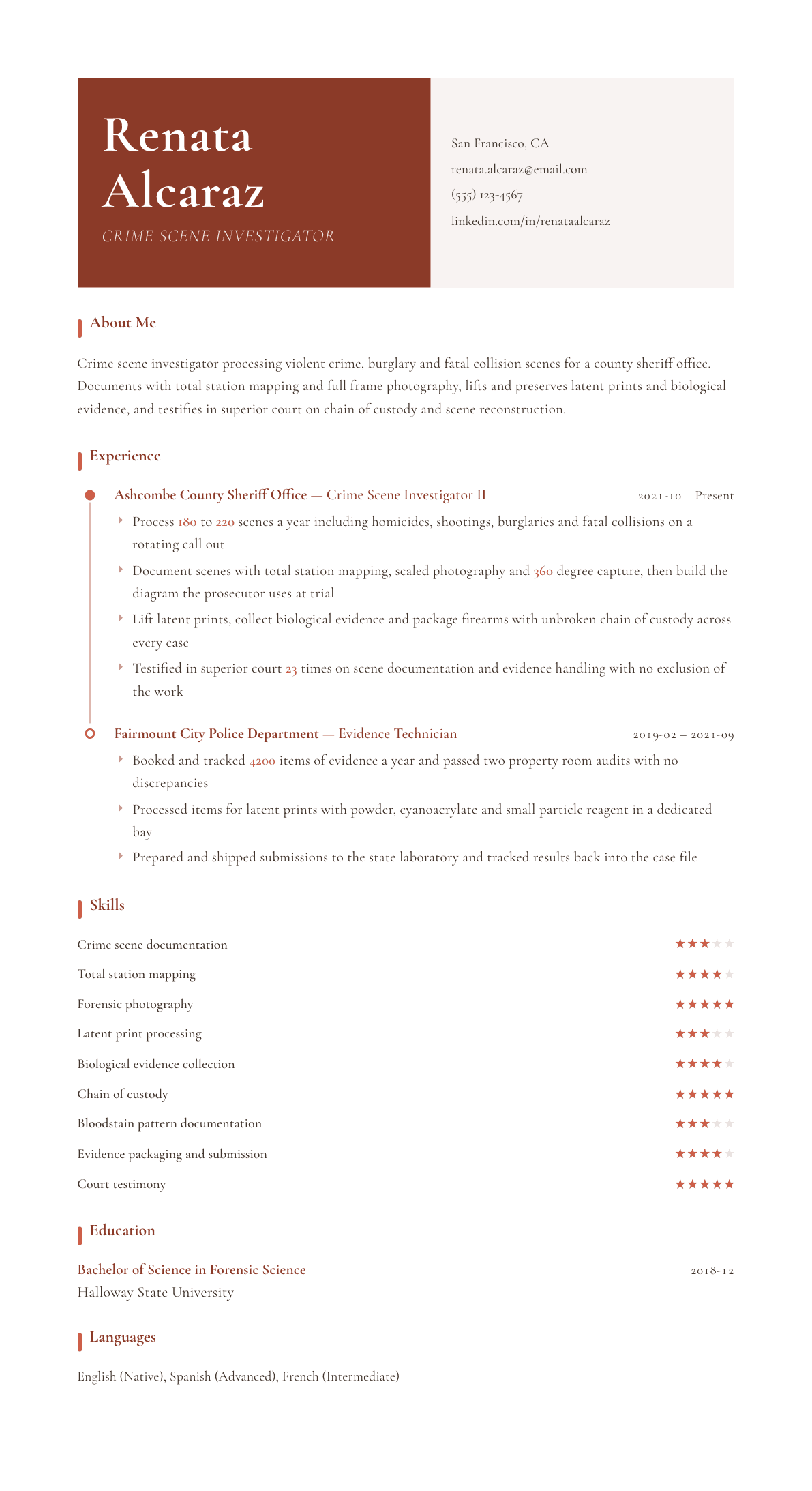 Crime Scene Investigator resume example, Artisan template