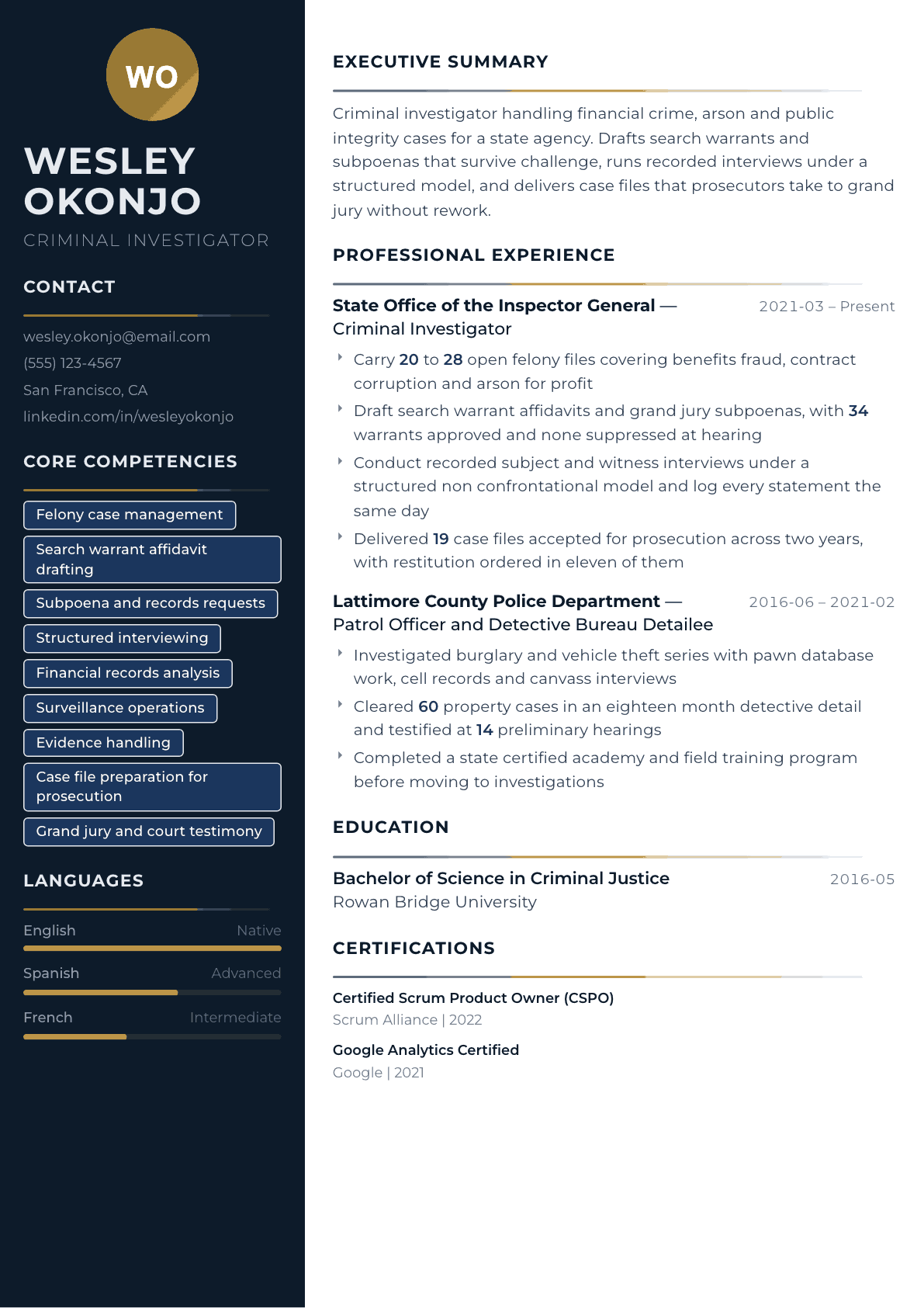 Criminal Investigator resume example, Catalyst template