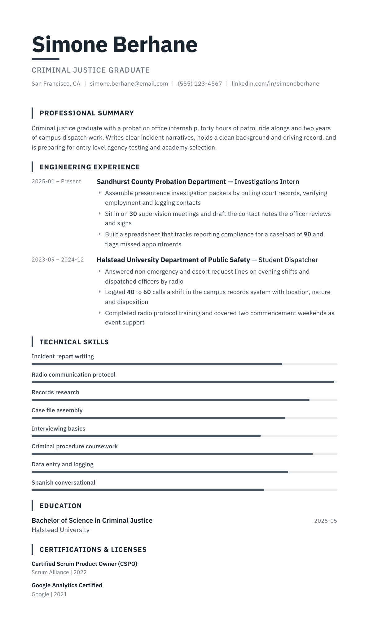 Criminal Justice Graduate resume example, Blueprint template