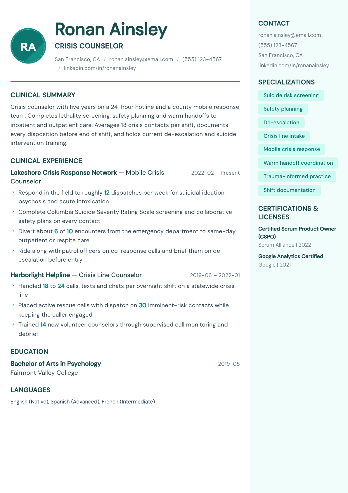 Crisis Counselor resume example, Remedy template