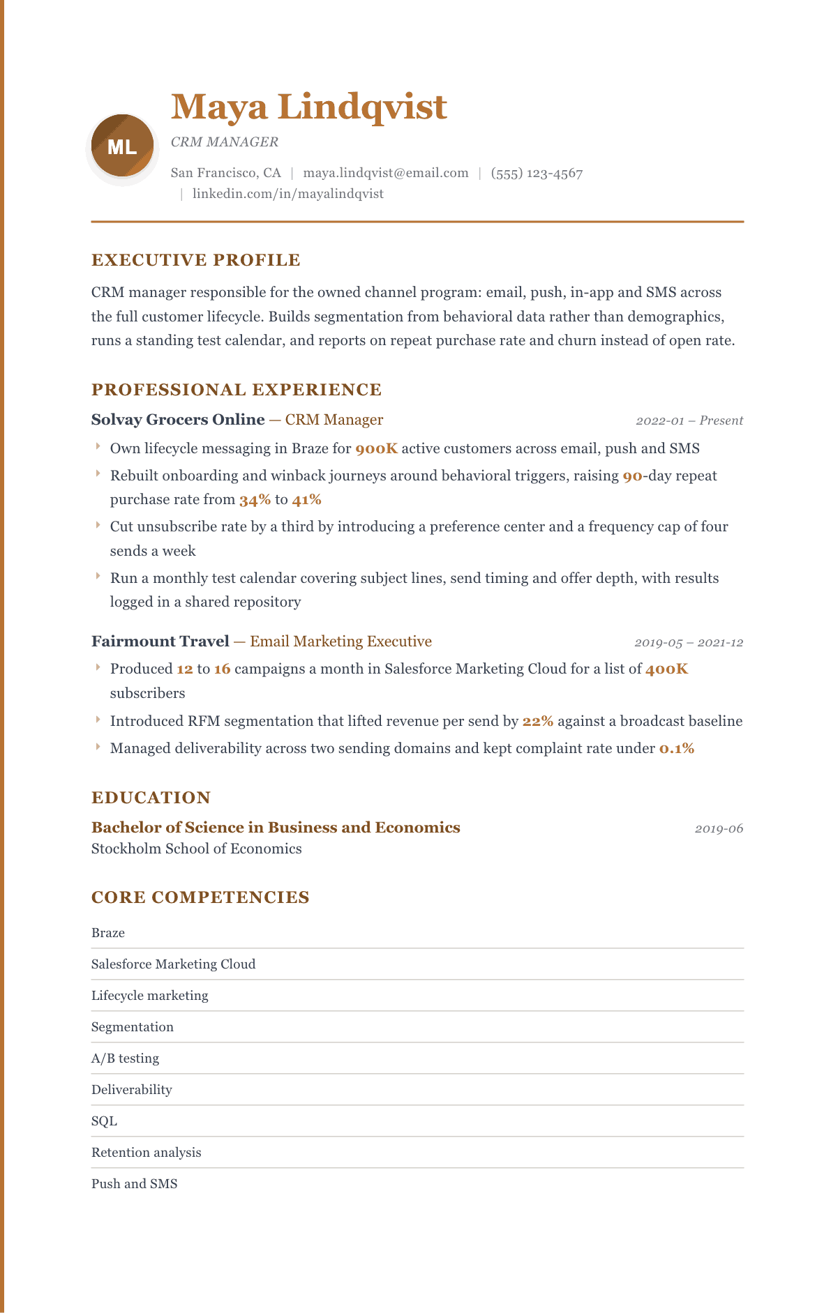 CRM Manager resume example, Regency template