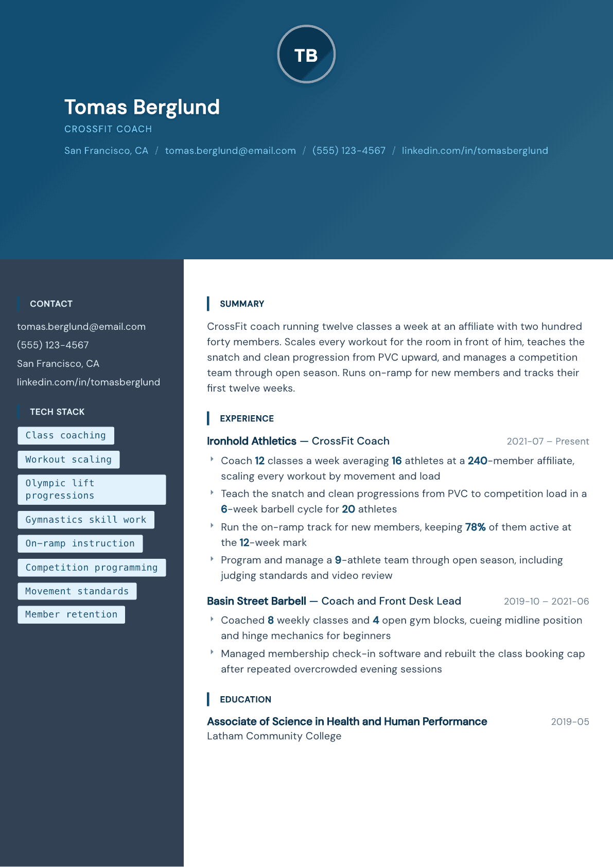 CrossFit Coach resume example, Prism template
