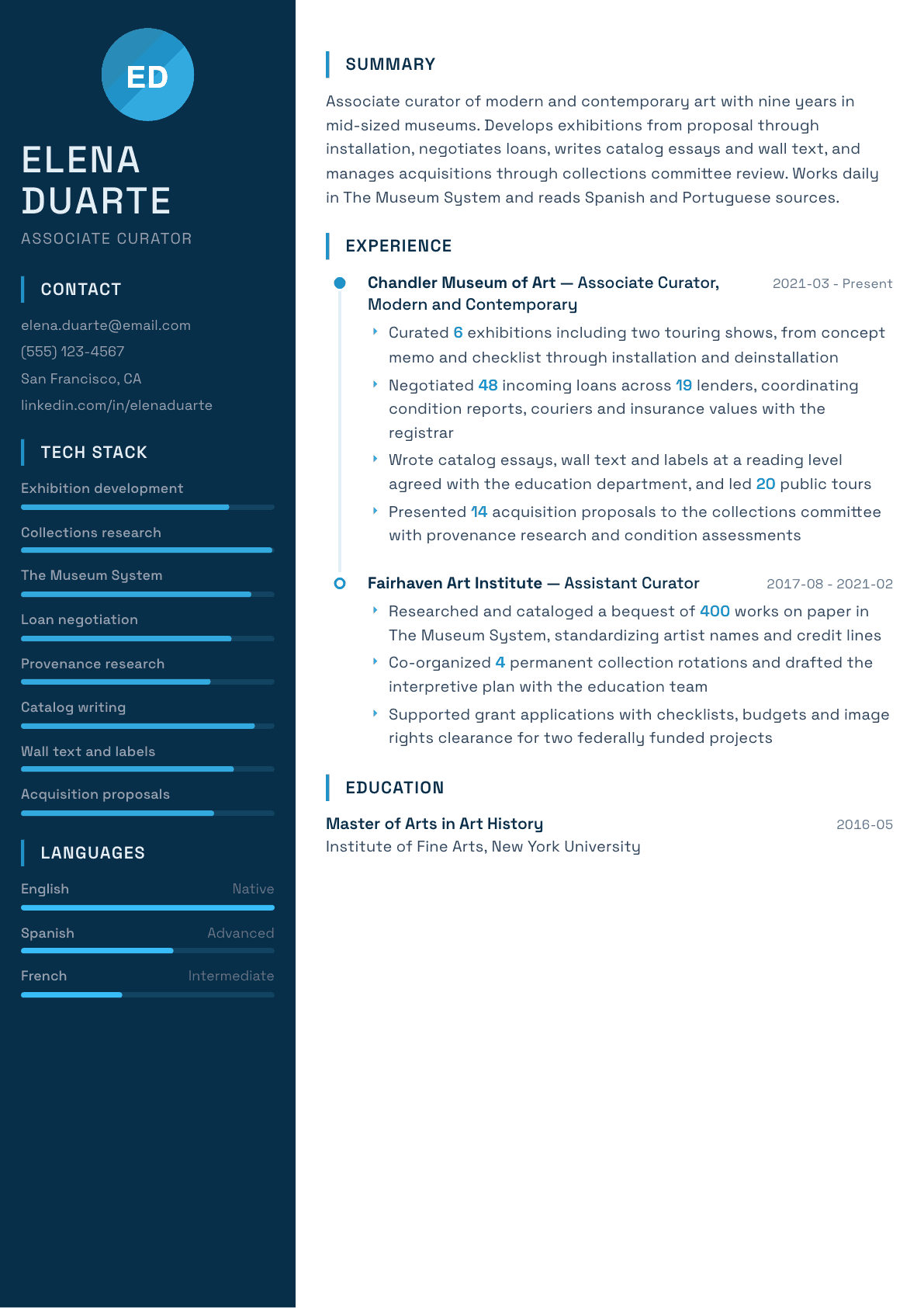 Curator resume example, Circuit template