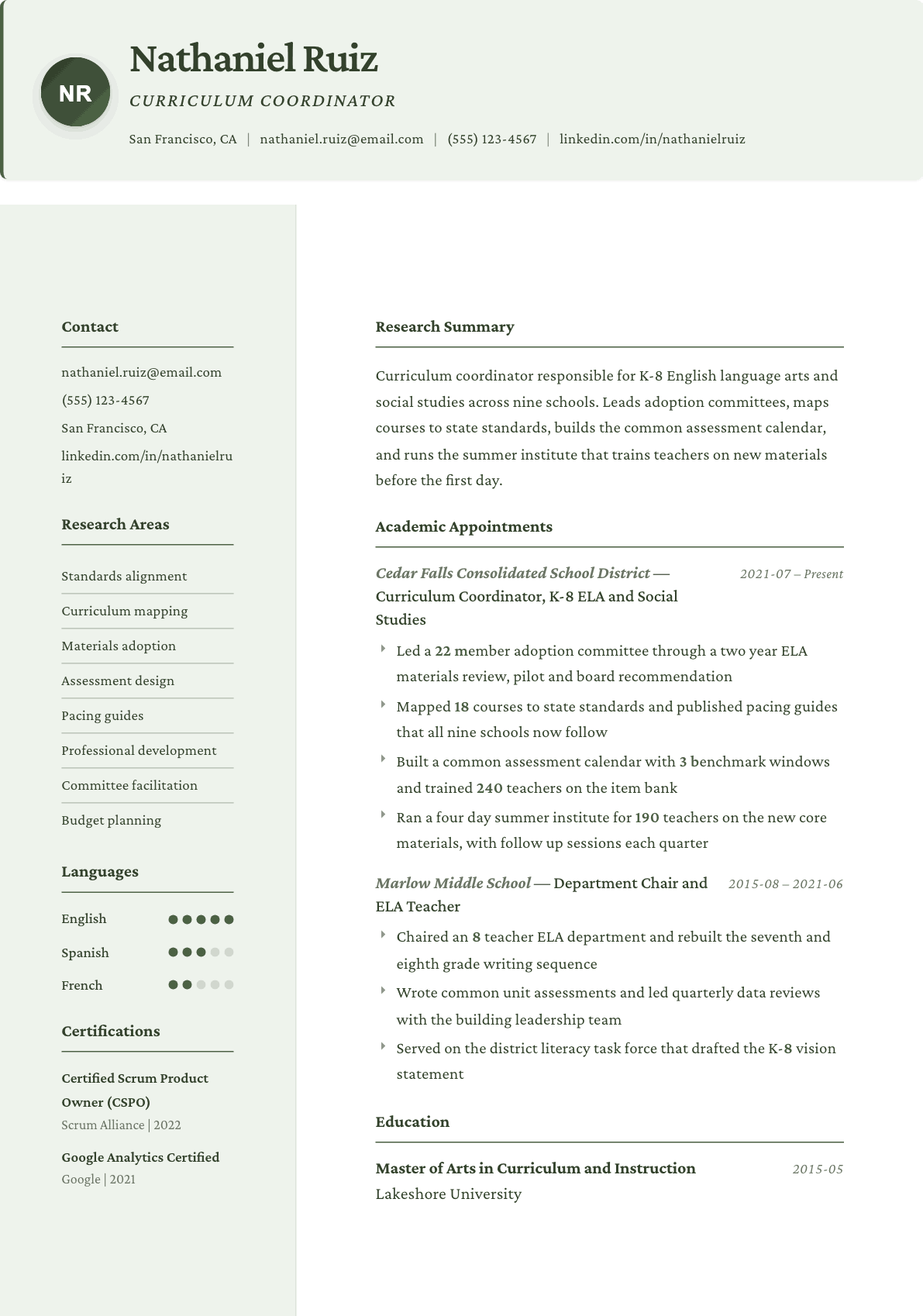Curriculum Coordinator resume example, Research template