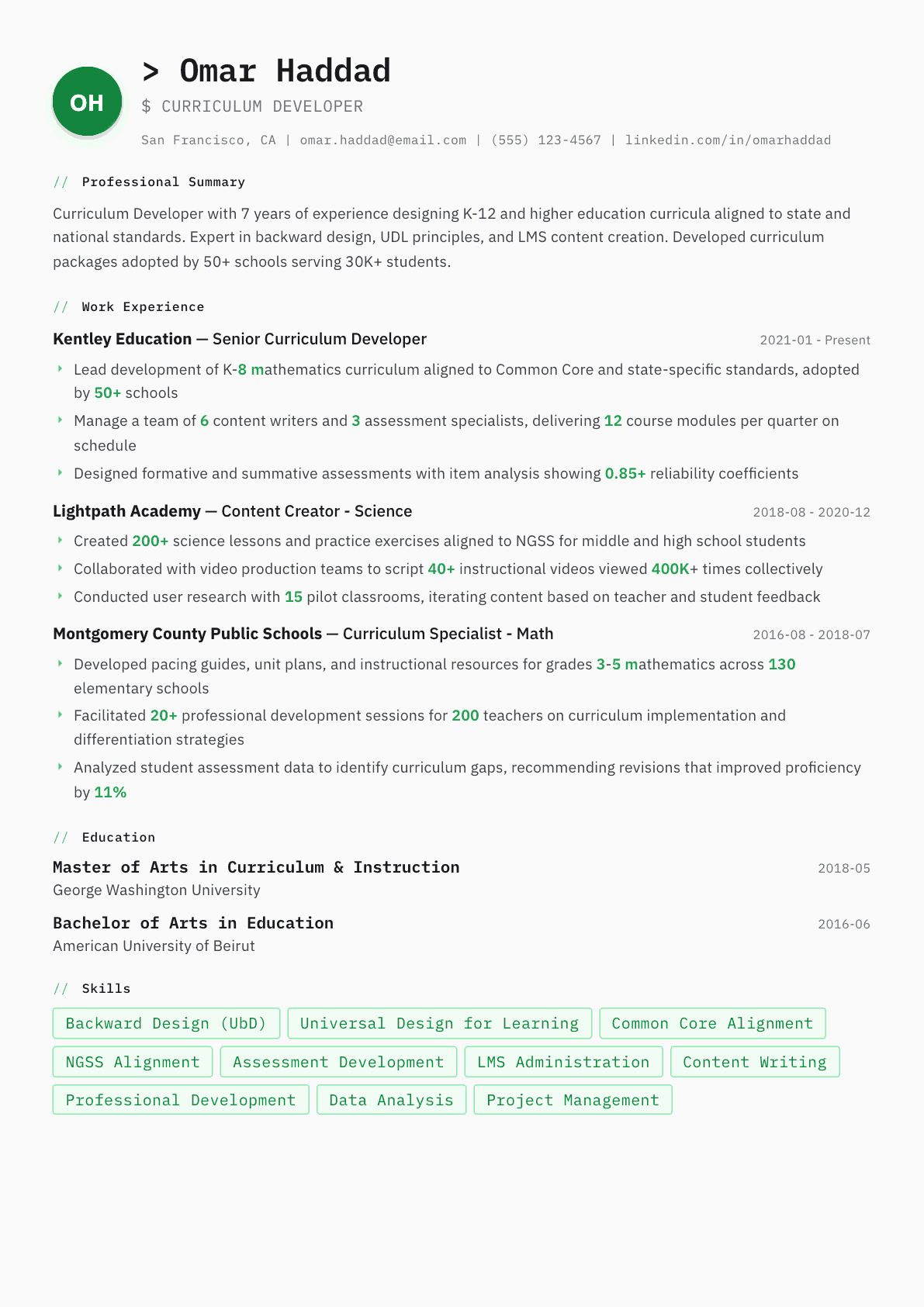 Curriculum Developer resume example, Amsterdam template