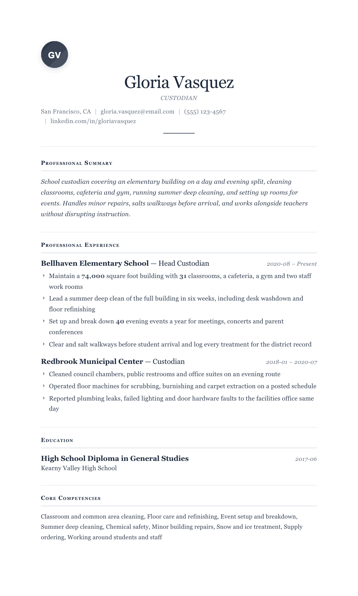 Custodian resume example, Cornerstone template