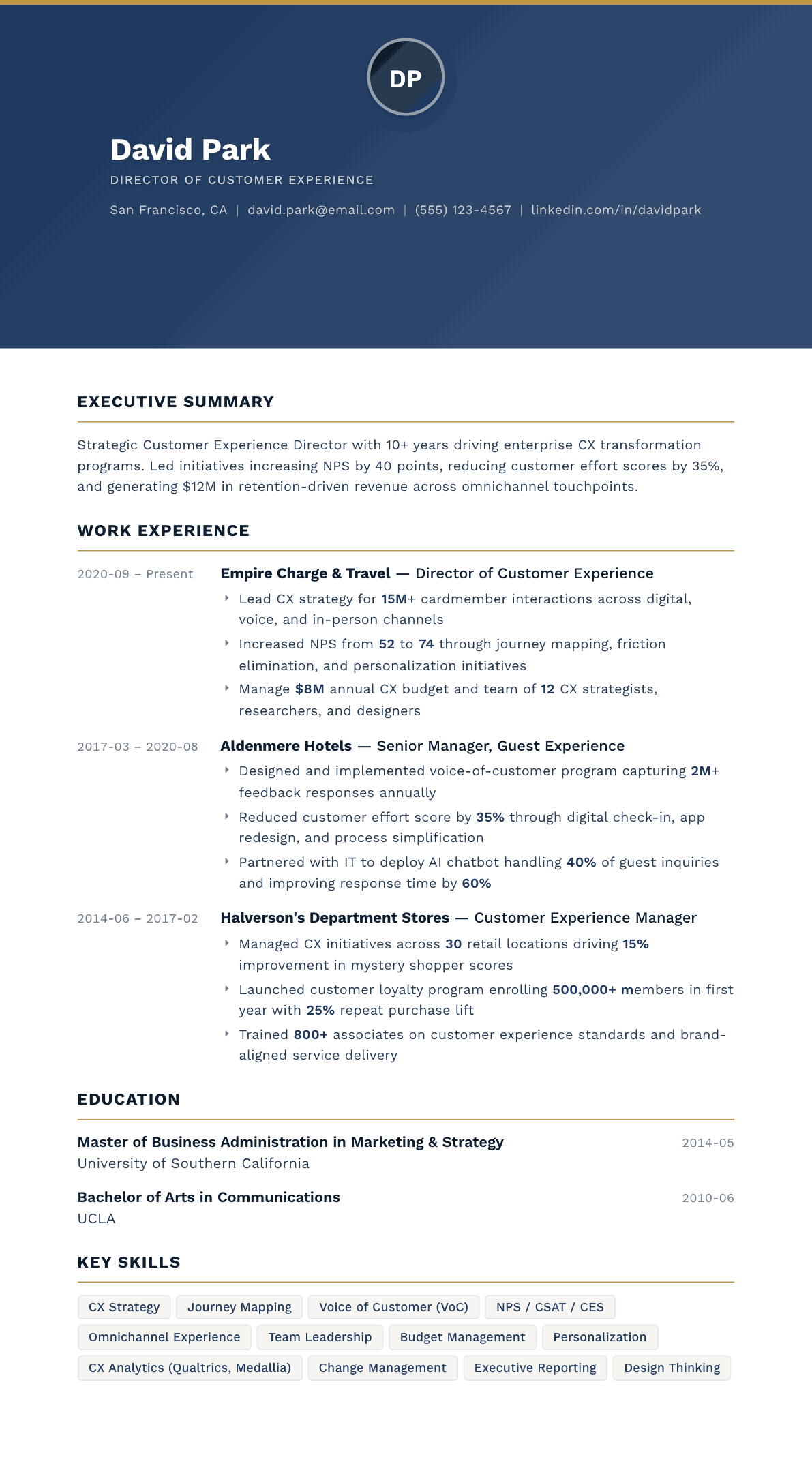 Customer Experience Director resume example, Sovereign template