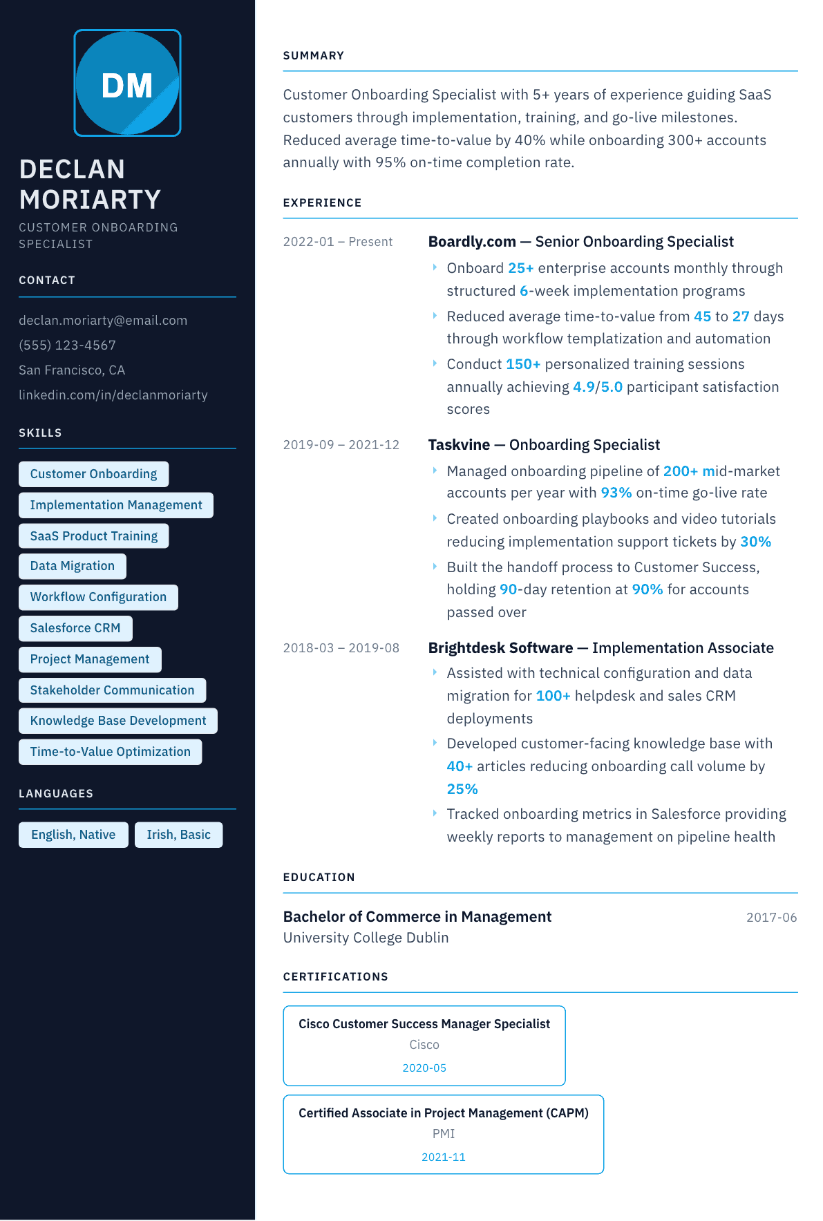 Customer Onboarding Specialist resume example, Everest template