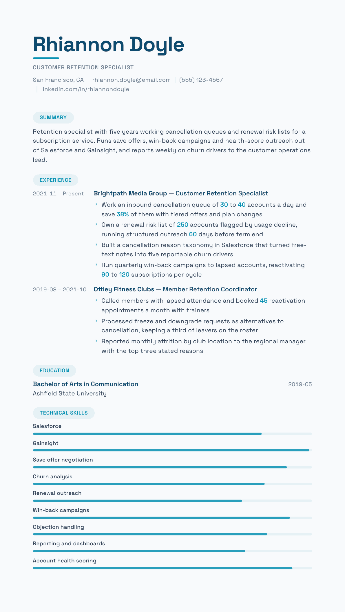 Customer Retention Specialist resume example, Horizon template