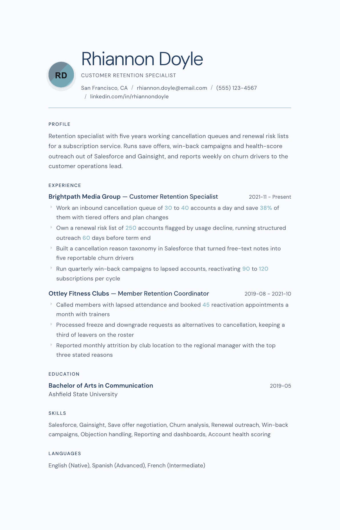 Customer Retention Specialist resume example, Nordic Frost template